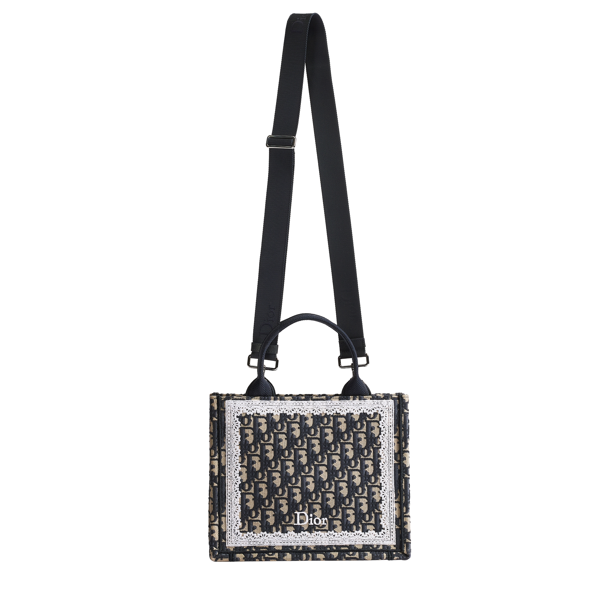Small Dior Book Tote with Strap Blue Dior Oblique Embroidery and White Lace (26.5 x 22 x 14 cm) E07