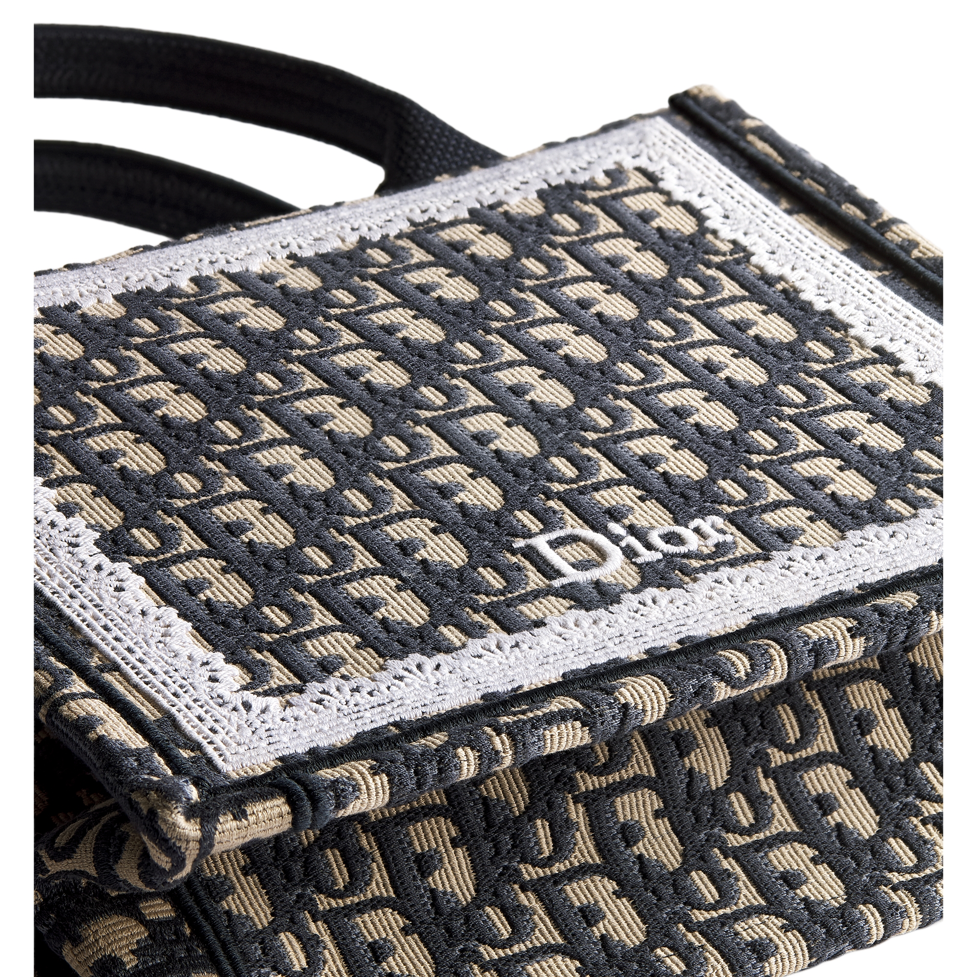 Small Dior Book Tote with Strap Blue Dior Oblique Embroidery and White Lace (26.5 x 22 x 14 cm) E09