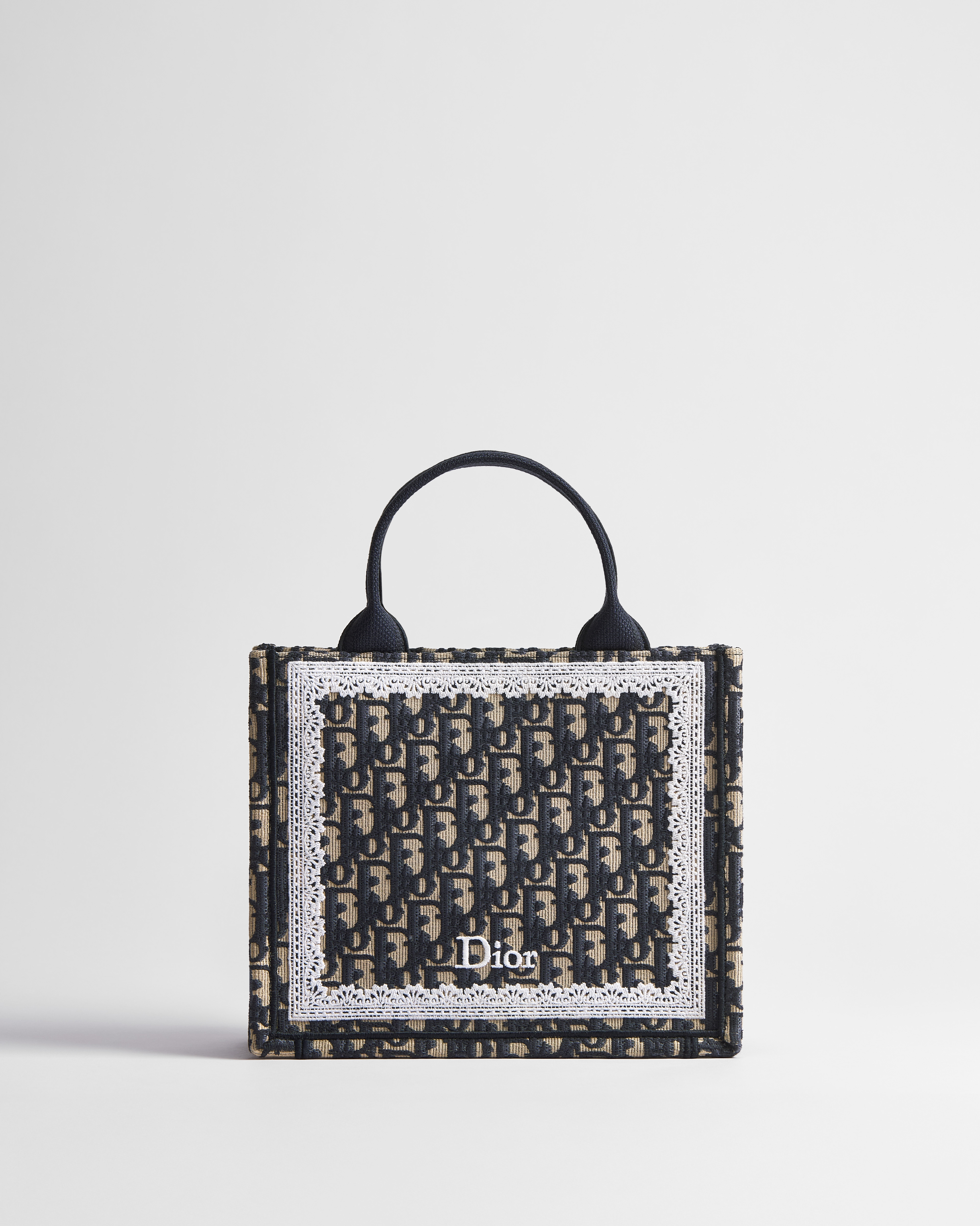 小碼 Dior Book Tote 連肩帶 藍色 Dior Oblique 刺繡和白色蕾絲（26.5 x 22 x 14 厘米） E01