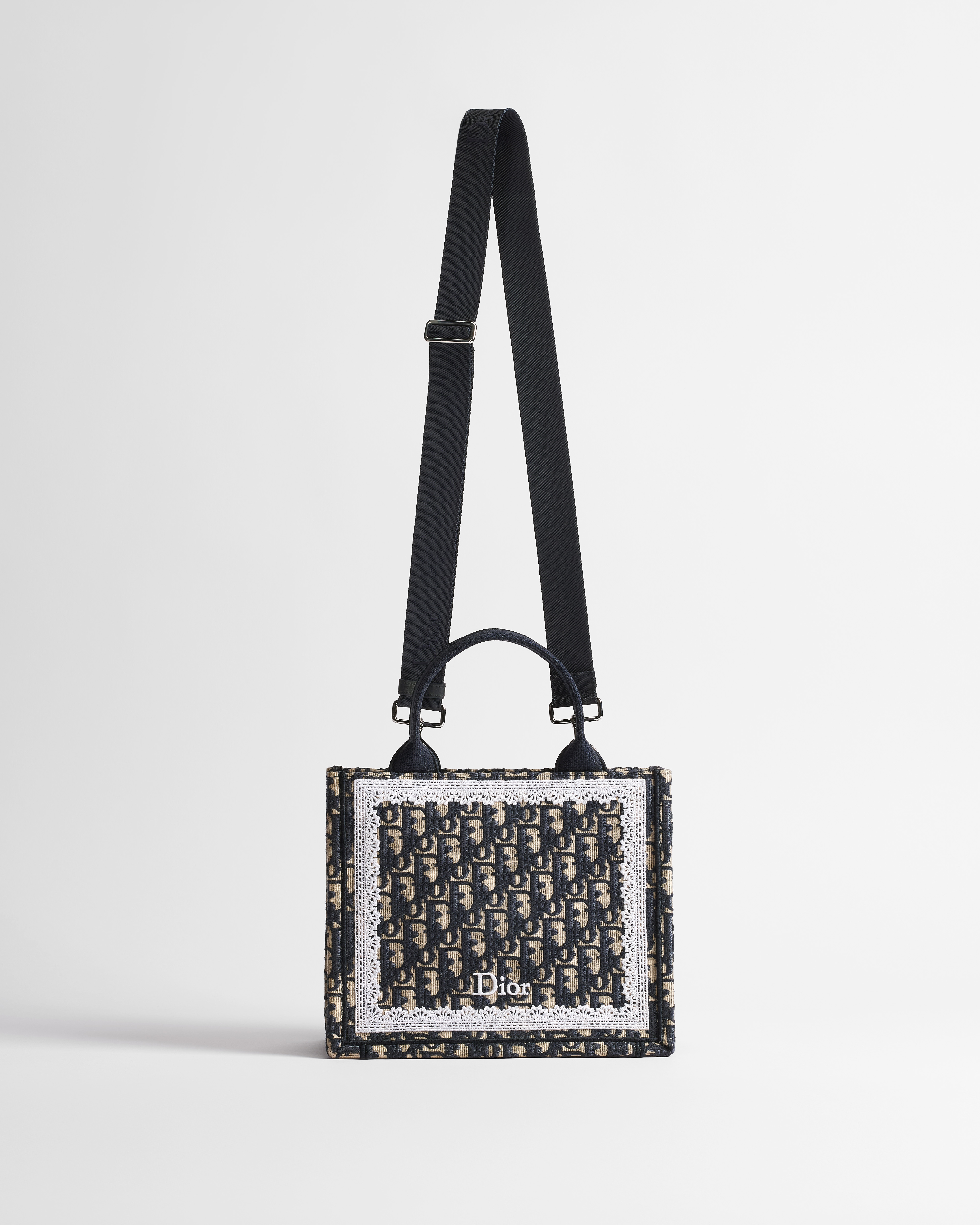 小碼 Dior Book Tote 連肩帶 藍色 Dior Oblique 刺繡和白色蕾絲（26.5 x 22 x 14 厘米） E07