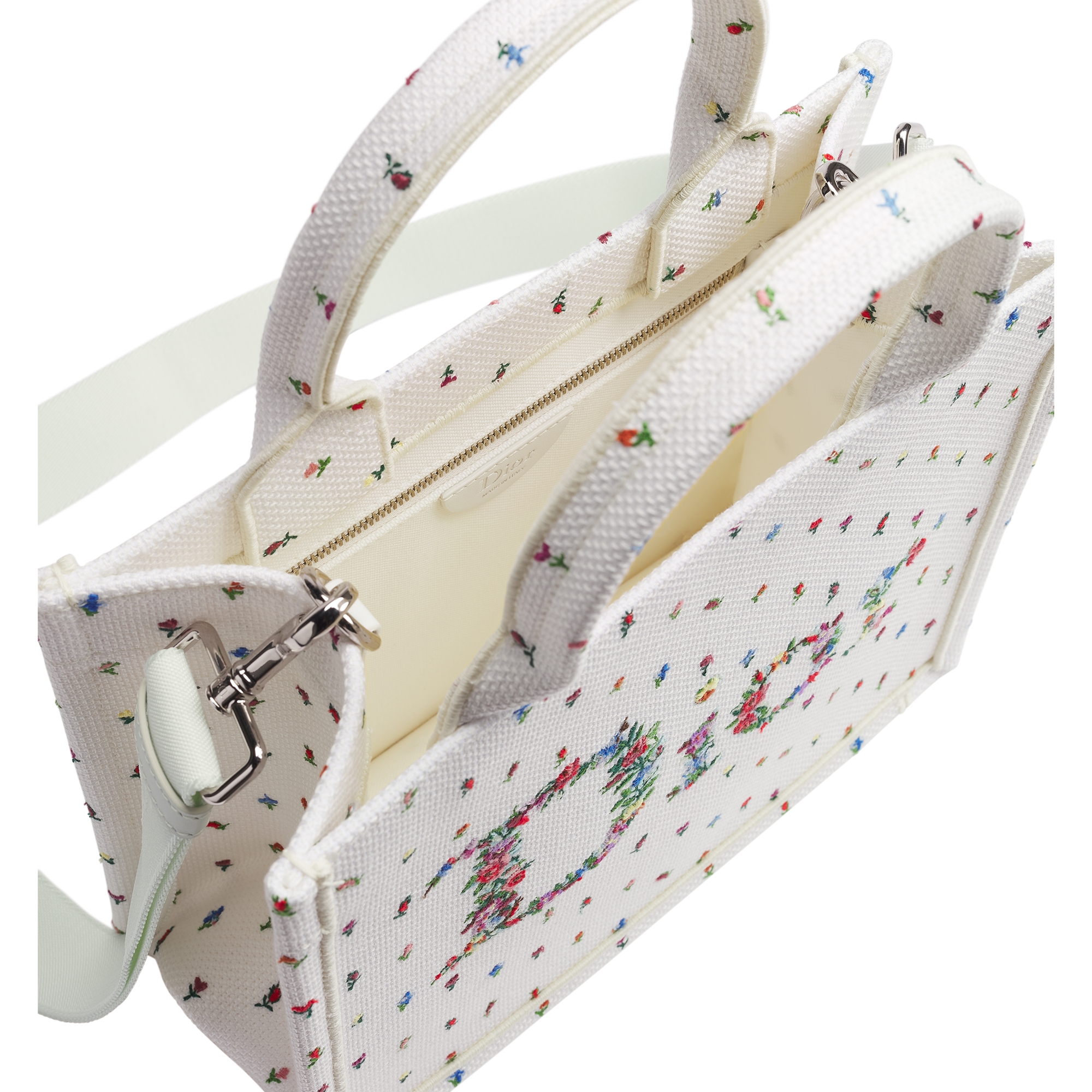 Dioramour Small Dior Book Tote with Strap White Multicolor Revolution Flowers Embroidery (26.5 x 22 x 14 cm) E06