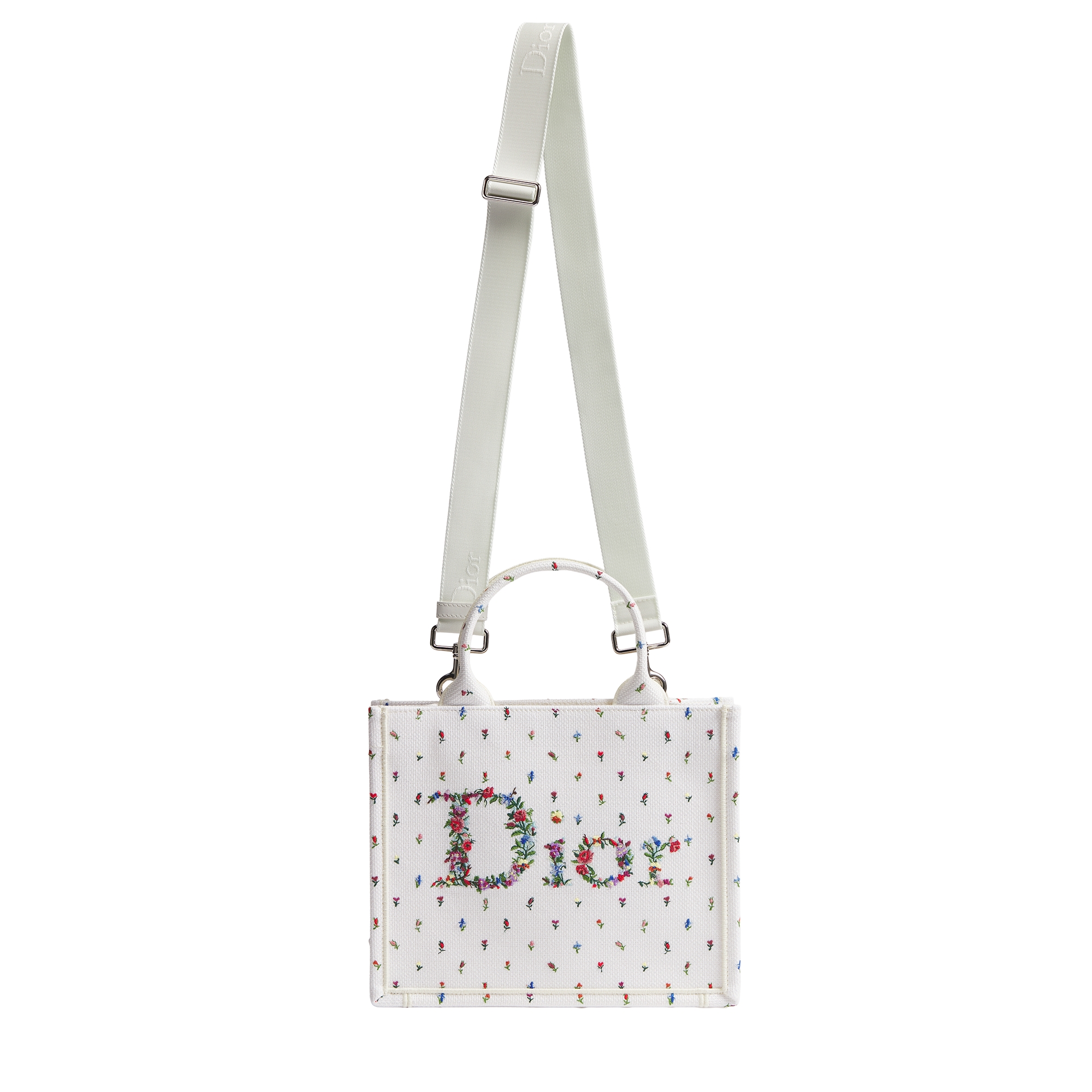 Dioramour Small Dior Book Tote with Strap White Multicolor Revolution Flowers Embroidery (26.5 x 22 x 14 cm) E07
