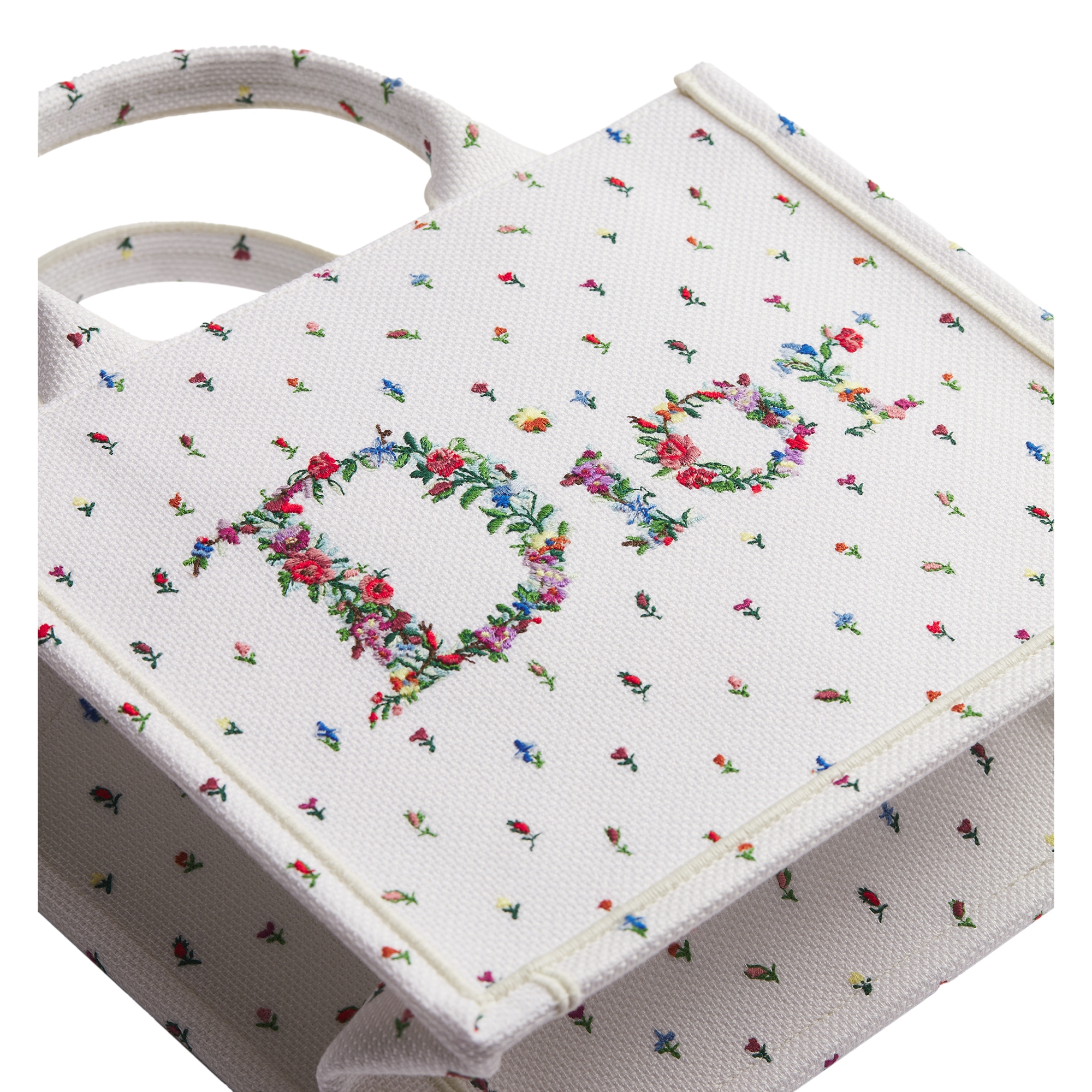 Dioramour Small Dior Book Tote with Strap White Multicolor Revolution Flowers Embroidery (26.5 x 22 x 14 cm) E09