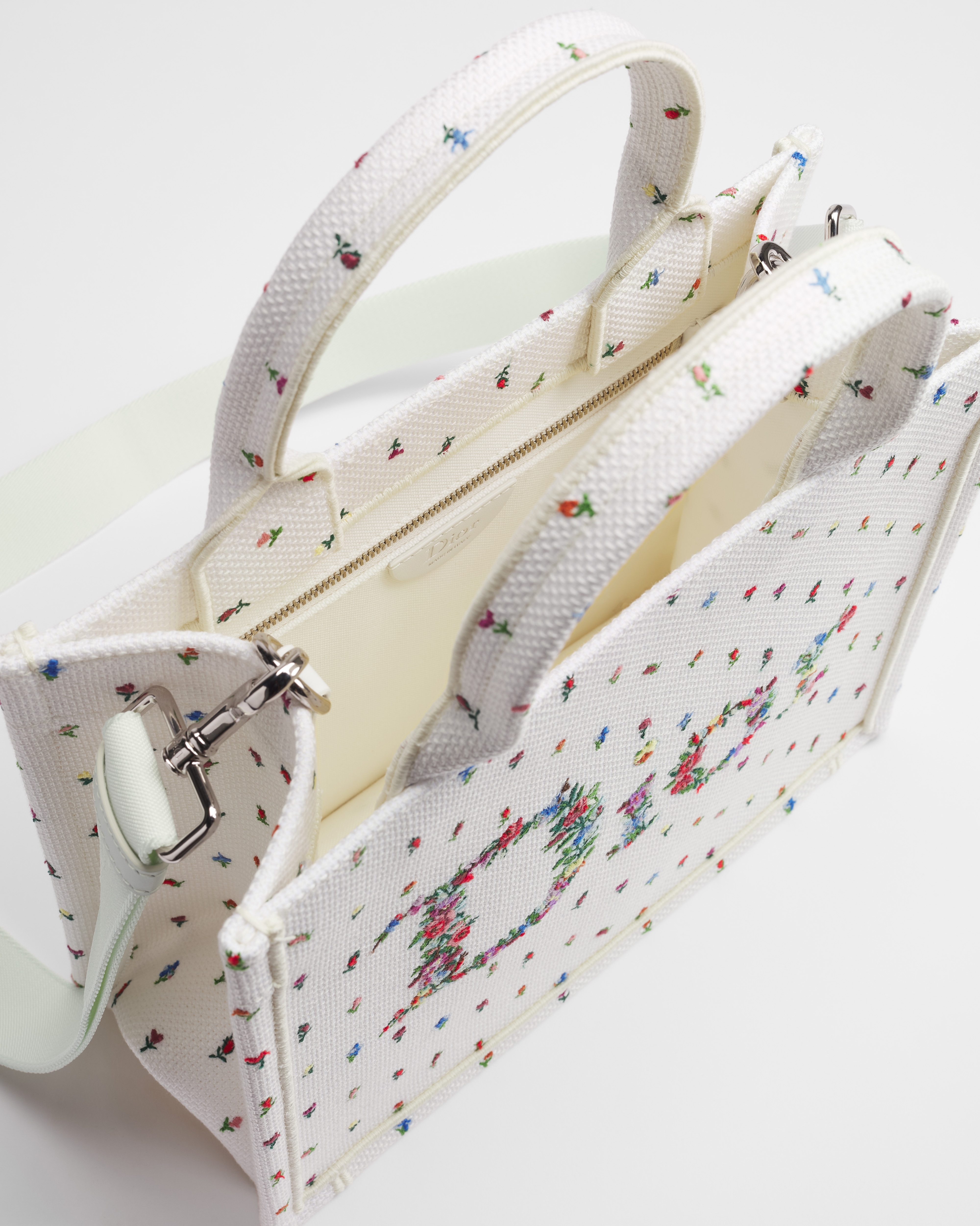 Dioramour Small Dior Book Tote with Strap White Multicolor Revolution Flowers Embroidery (26.5 x 22 x 14 cm) E06