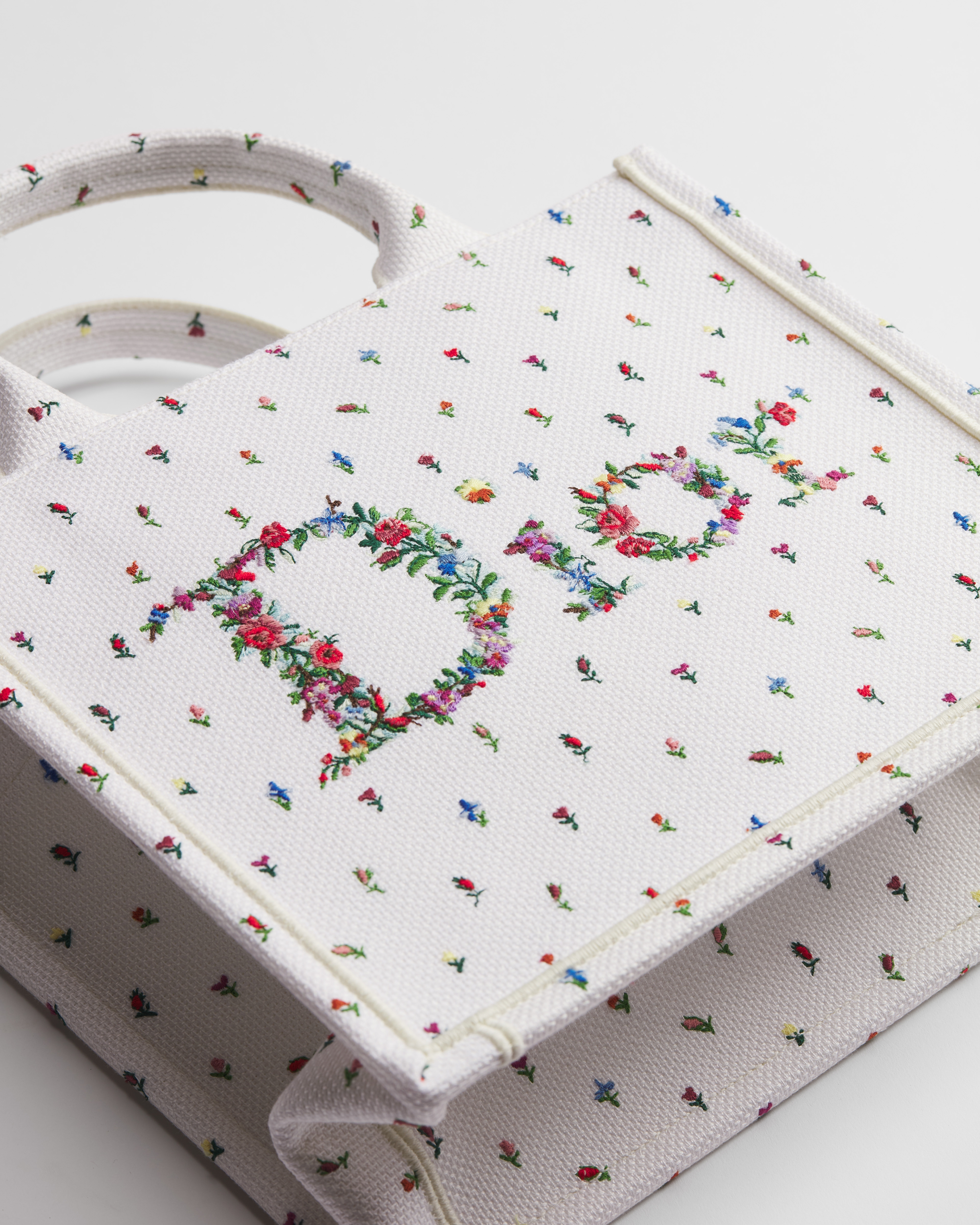 Dioramour Small Dior Book Tote with Strap White Multicolor Revolution Flowers Embroidery (26.5 x 22 x 14 cm) E09