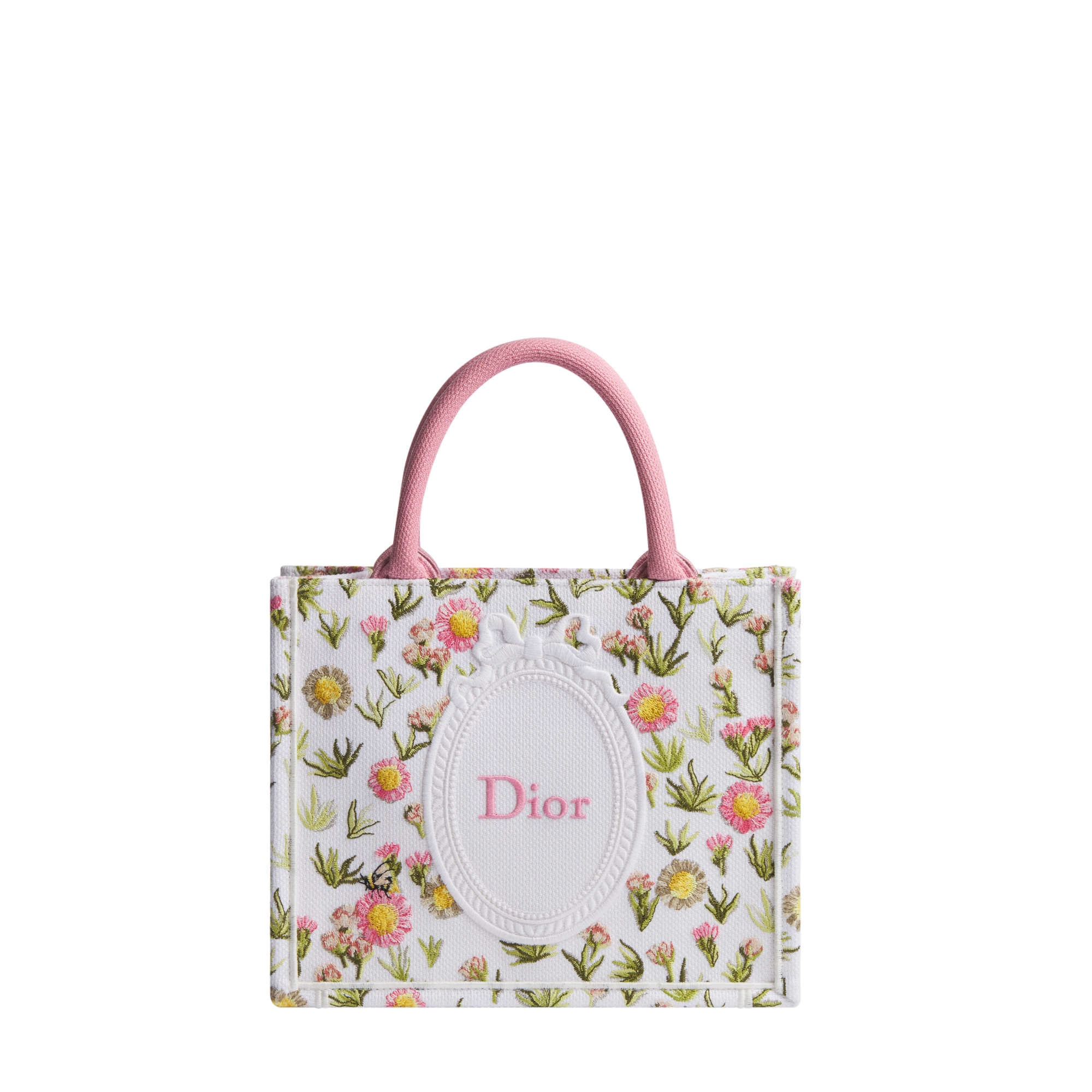 Small Dior Book Tote with Strap White Multicolor Daisy Garden Embroidery with Dior Médaillon (26.5 x 22 x 14 cm) E01