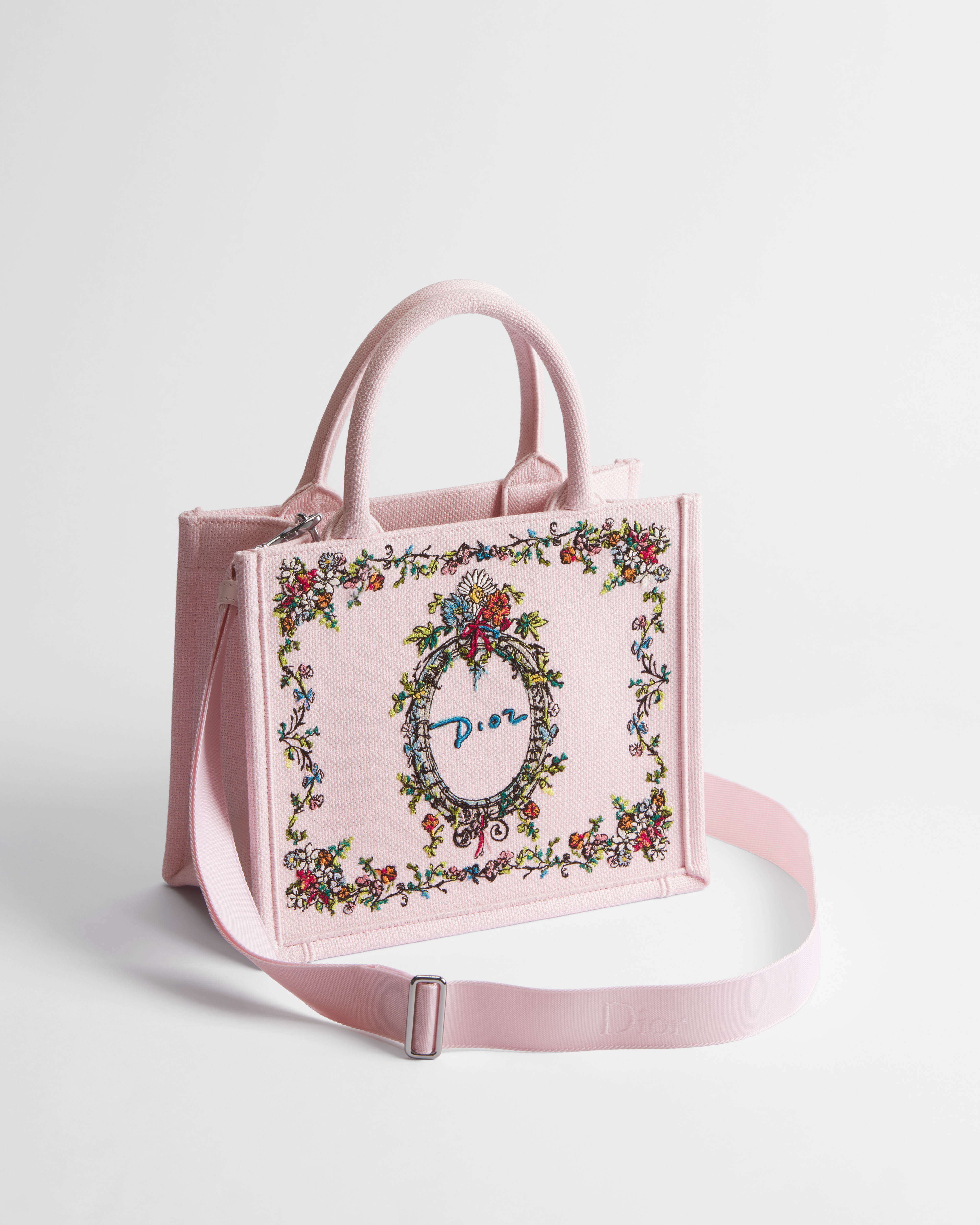 Dioriviera Small Dior Book Tote with Strap Pink Multicolor Dior Arabesque Embroidery (26.5 x 22 x 14 cm) E03