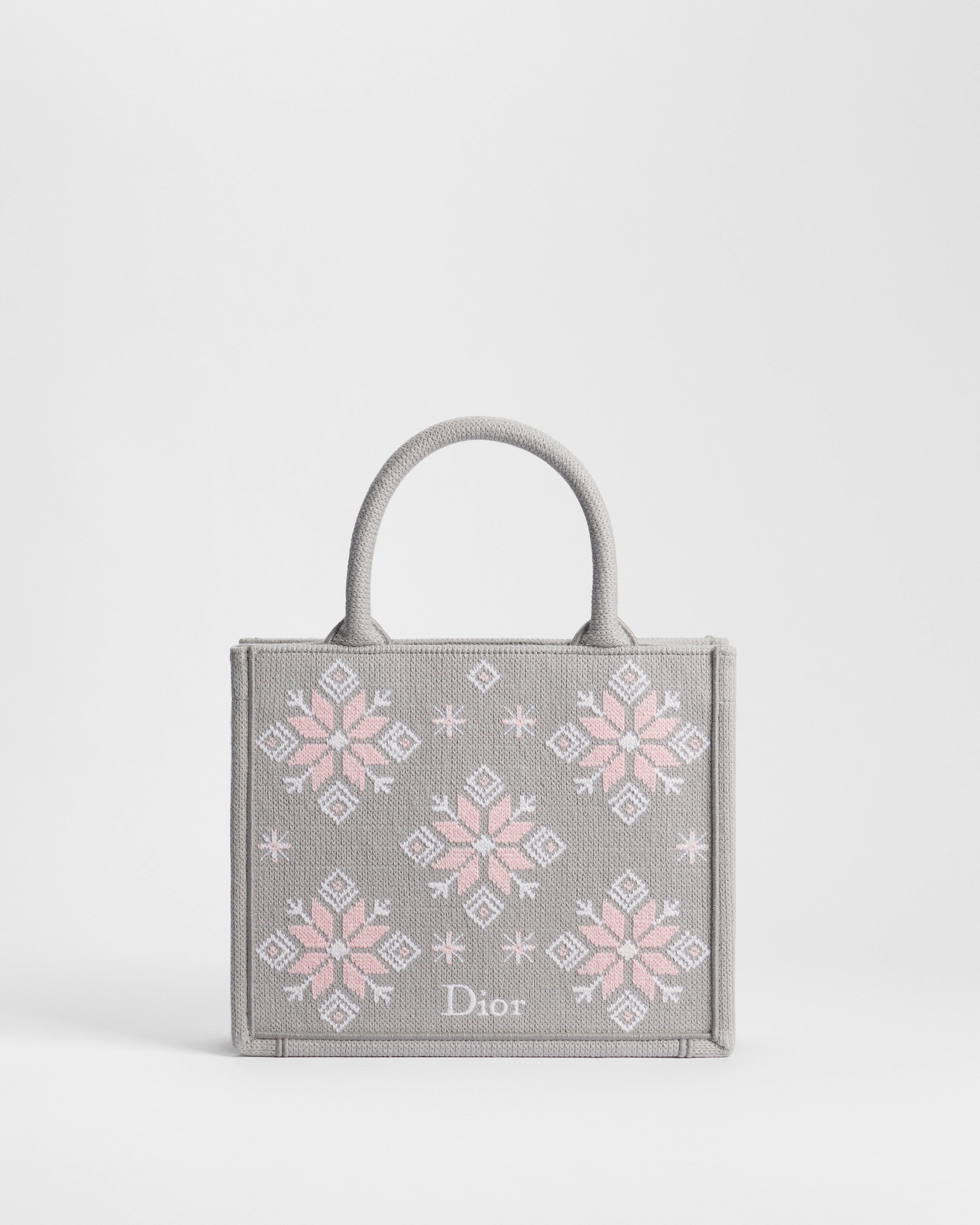 Sac Dior Book Tote Small à bandoulière DiorAlps Maille grise brodée Dior Snowflake rose et blanche (26,5 x 22 x 14 cm) E01