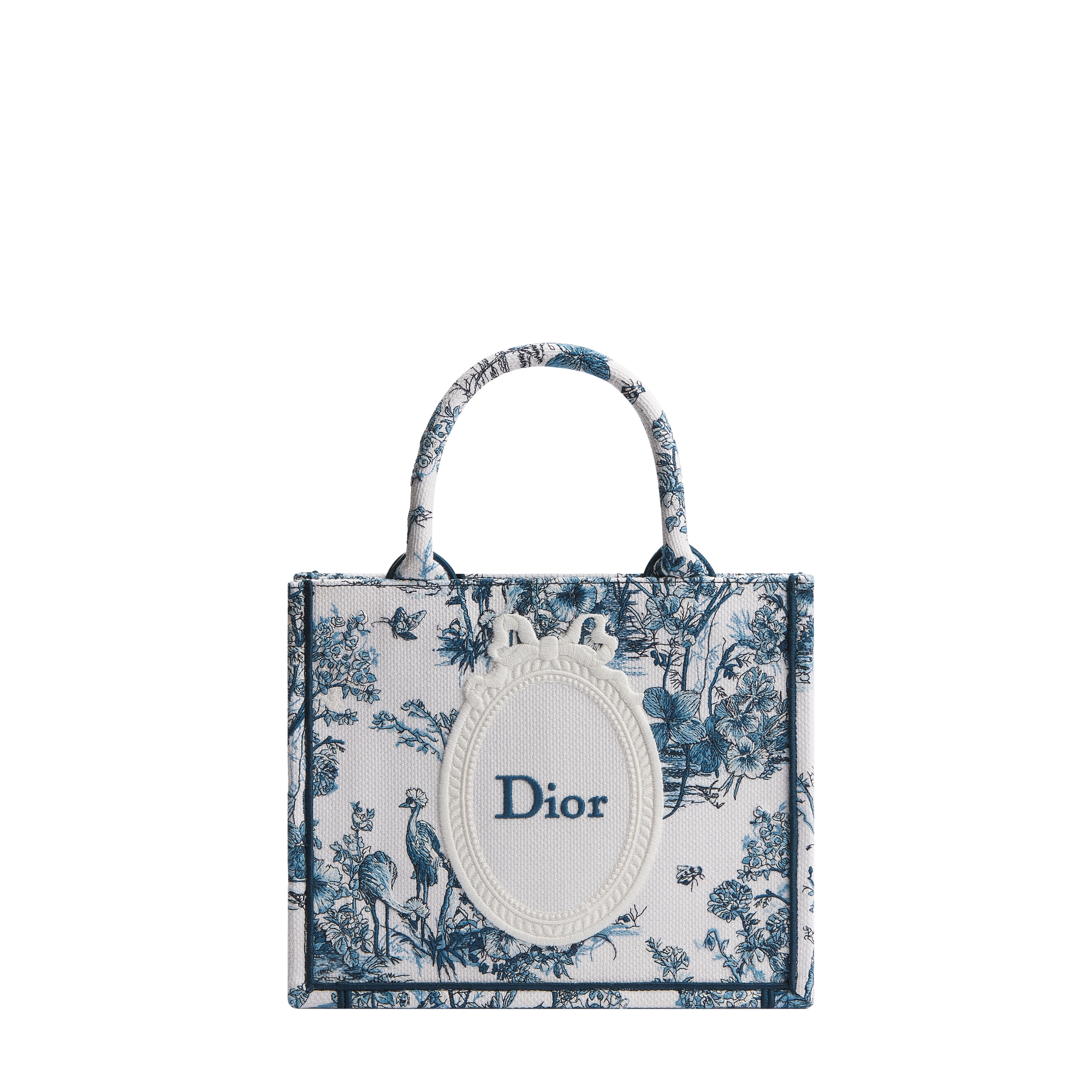 Small Dior Book Tote with Strap Blue Toile de Jouy Floral Garden Embroidery and White Dior Médaillon (26.5 x 22 x 14 cm) E01