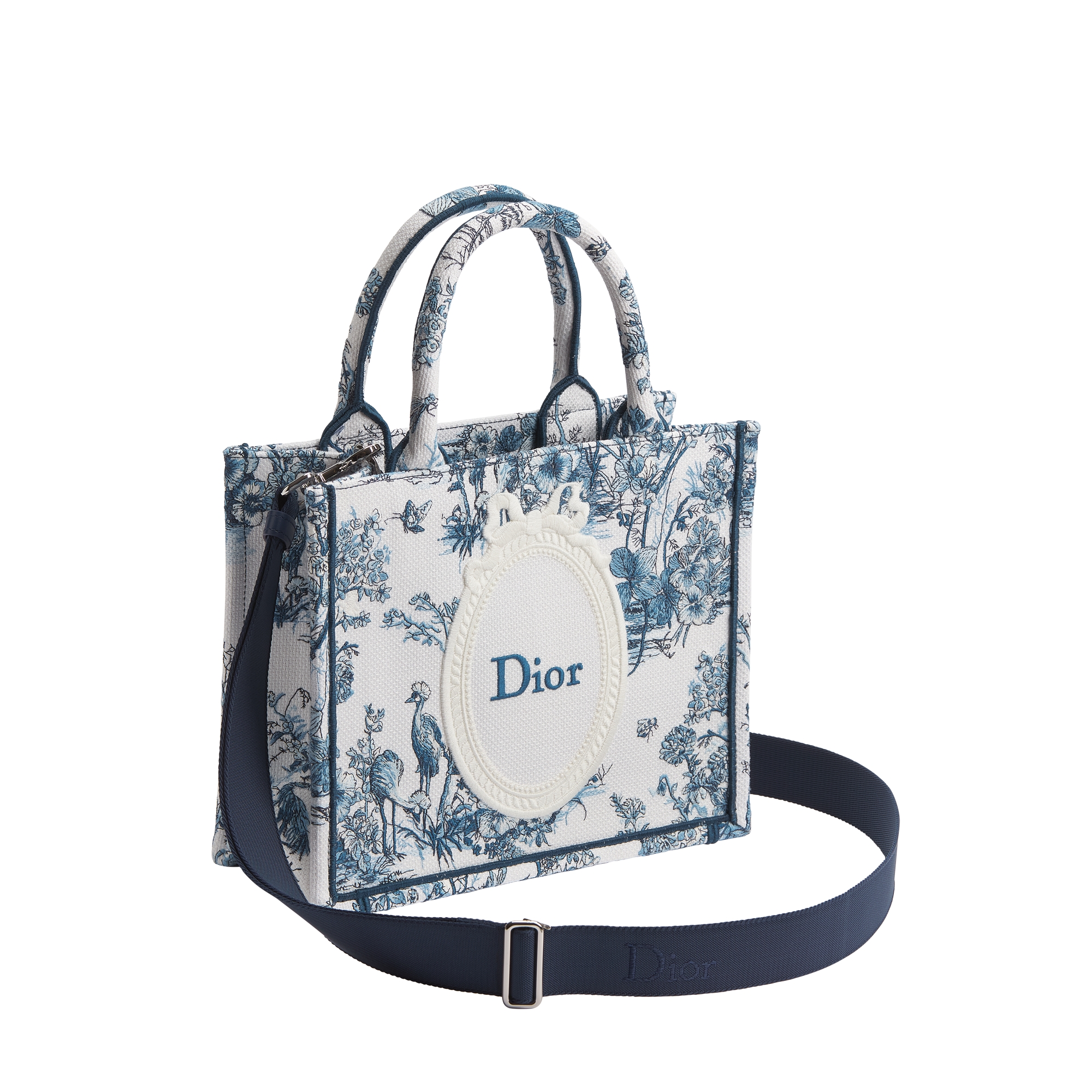 Small Dior Book Tote with Strap Blue Toile de Jouy Floral Garden Embroidery and White Dior Médaillon (26.5 x 22 x 14 cm) E03