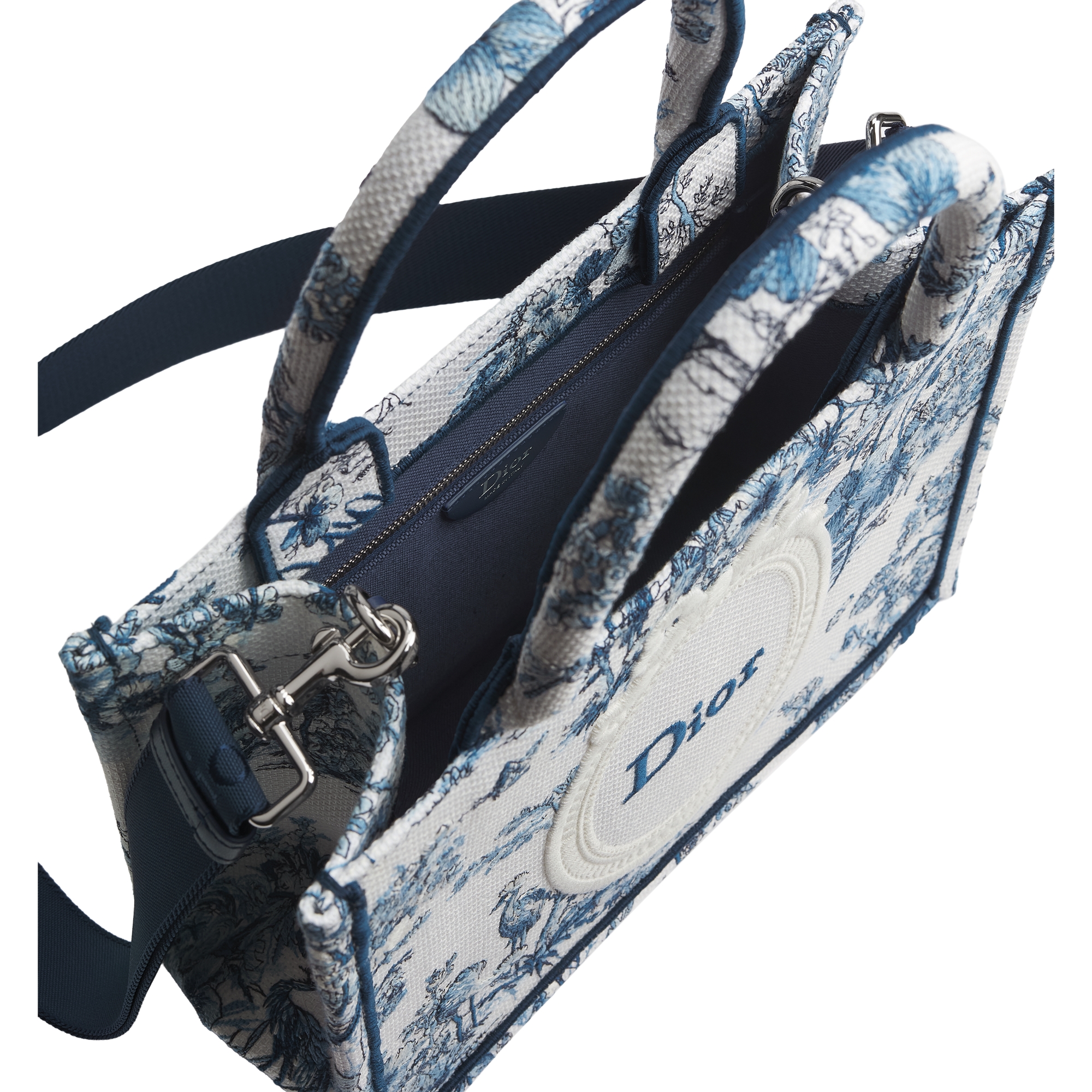 Small Dior Book Tote with Strap Blue Toile de Jouy Floral Garden Embroidery and White Dior Médaillon (26.5 x 22 x 14 cm) E06