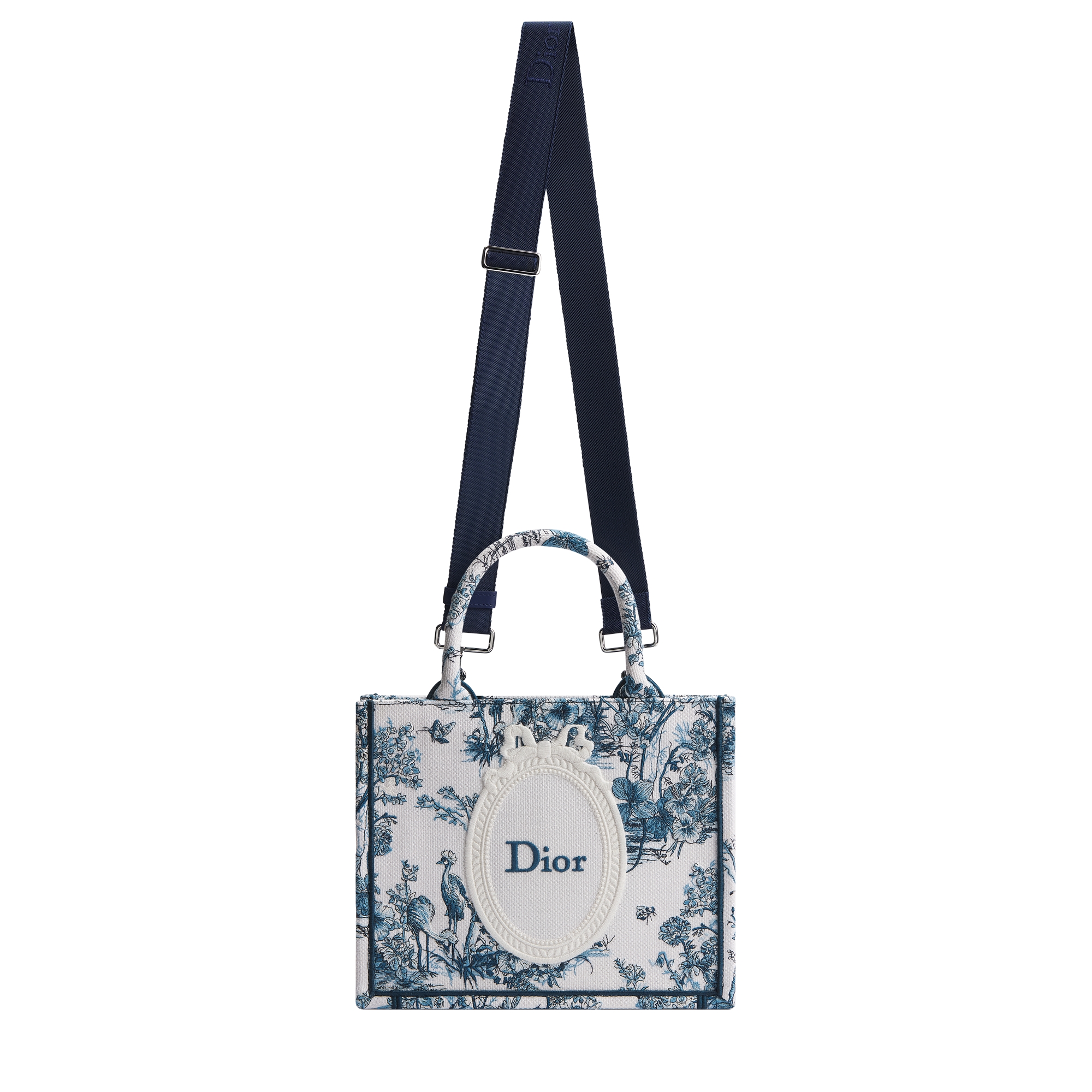 Small Dior Book Tote with Strap Blue Toile de Jouy Floral Garden Embroidery and White Dior Médaillon (26.5 x 22 x 14 cm) E07