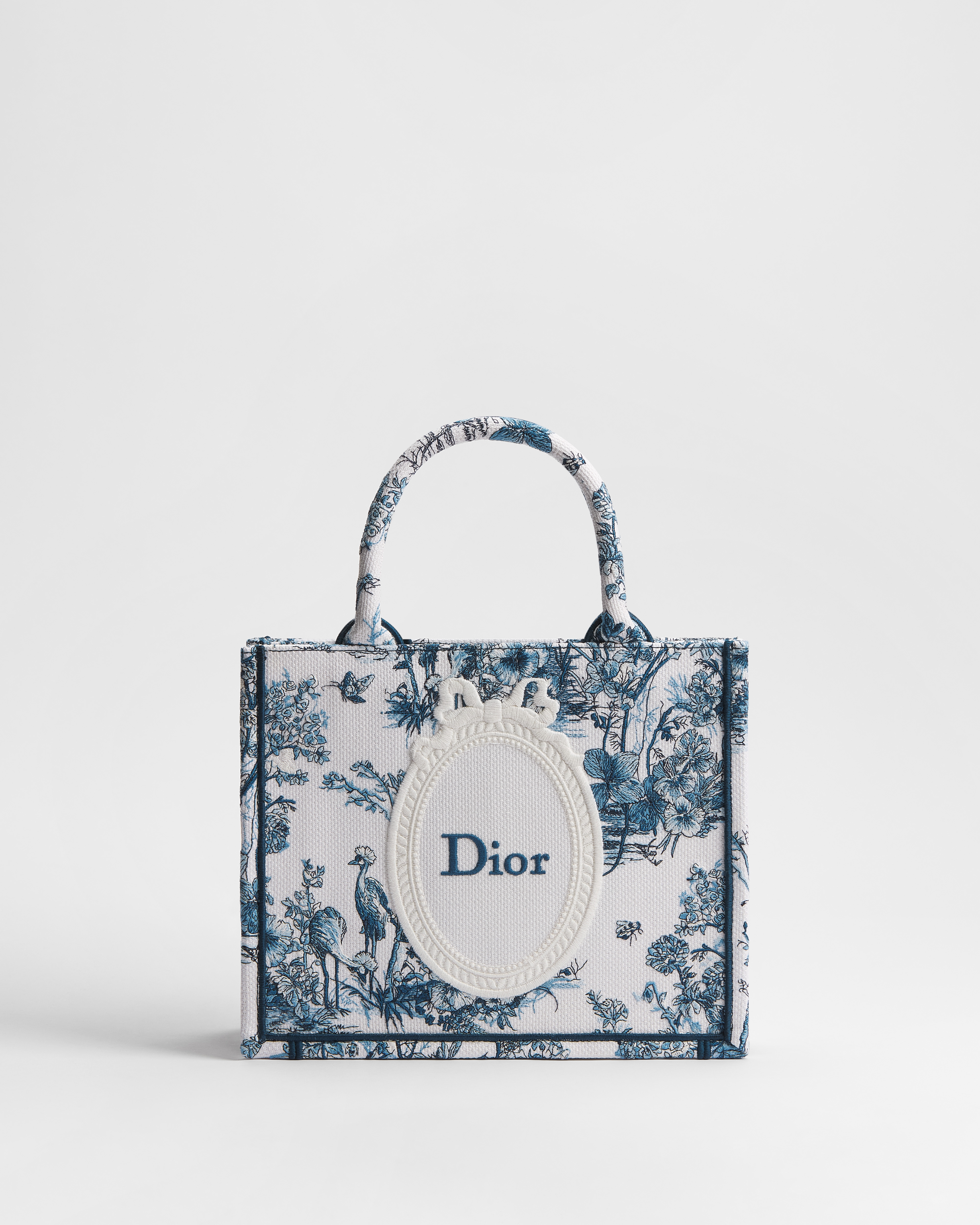 Small Dior Book Tote with Strap Blue Toile de Jouy Floral Garden Embroidery and White Dior Médaillon (26.5 x 22 x 14 cm) E01