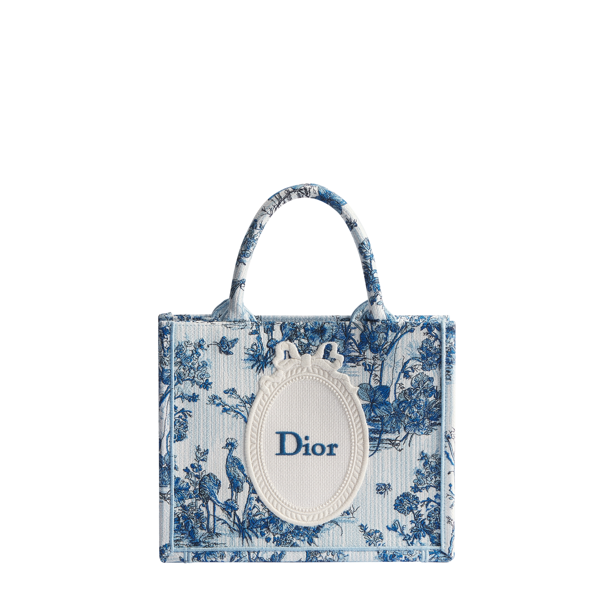 Dioriviera Small Dior Book Tote with Strap Blue Toile de Jouy Floral Garden Embroidery and White Dior Médaillon (26.5 x 22 x 14 cm) E01