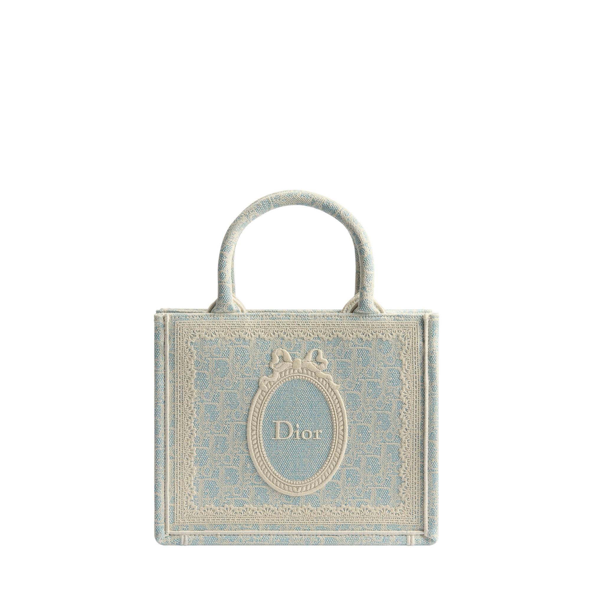  셀레스트 블루 디올 오블리크 워시드 자수 & 에크루 디올 메달리옹 (26.5 x 22 x 14cm)
