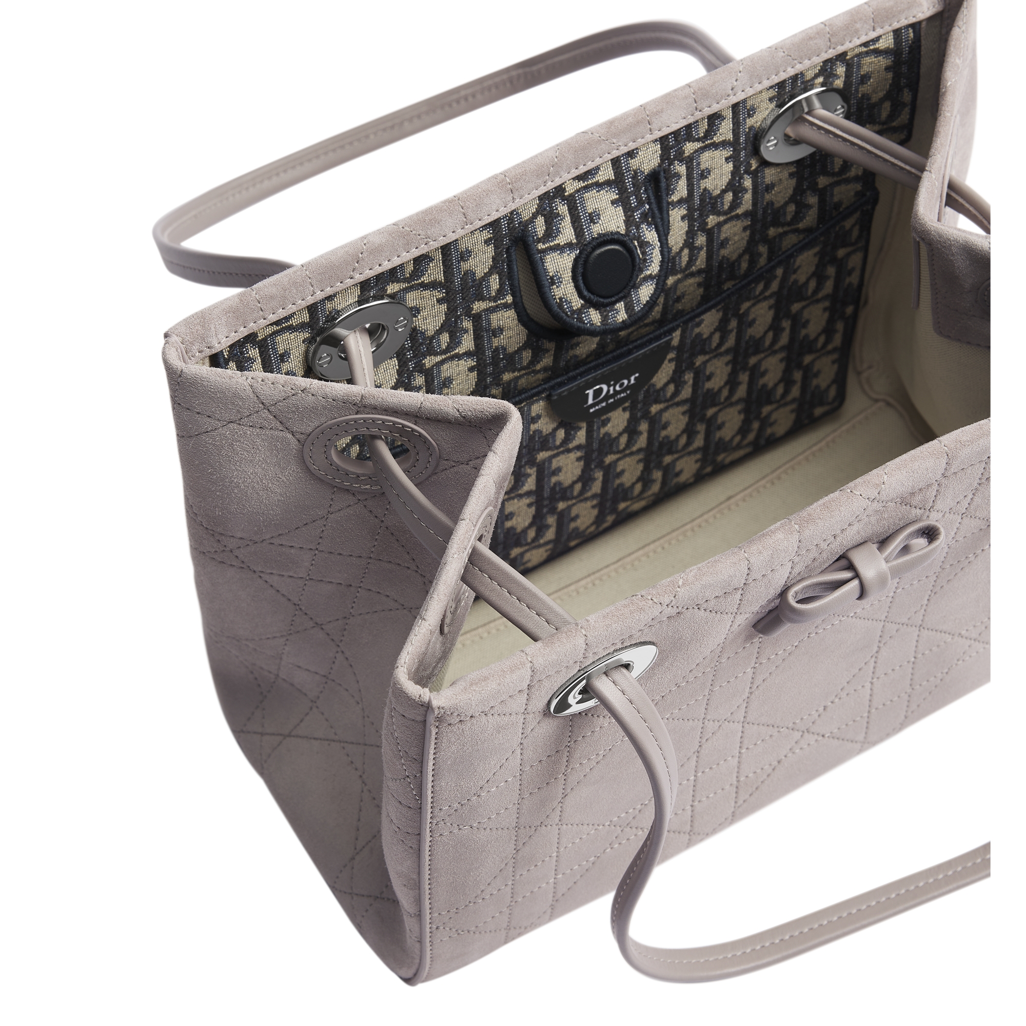 Small Dior Promenade Shopping Bag Gris Pietro Flat Cannage Suede Calfskin E06