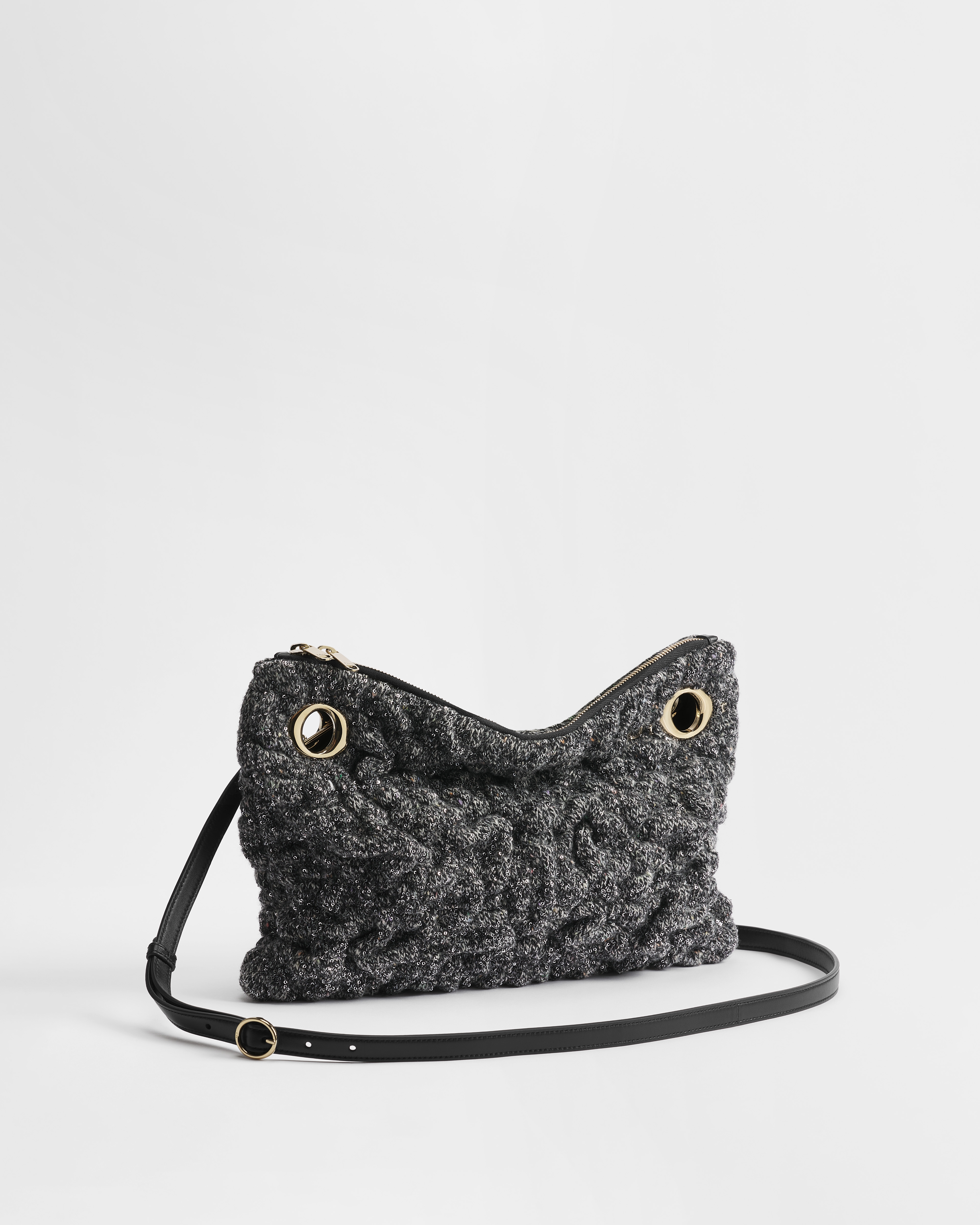 Kleine Dior Milly-La-Forêt-tas Zwart gemêleerd Puffy Macrocannage-breisel geborduurd met pailletten E03
