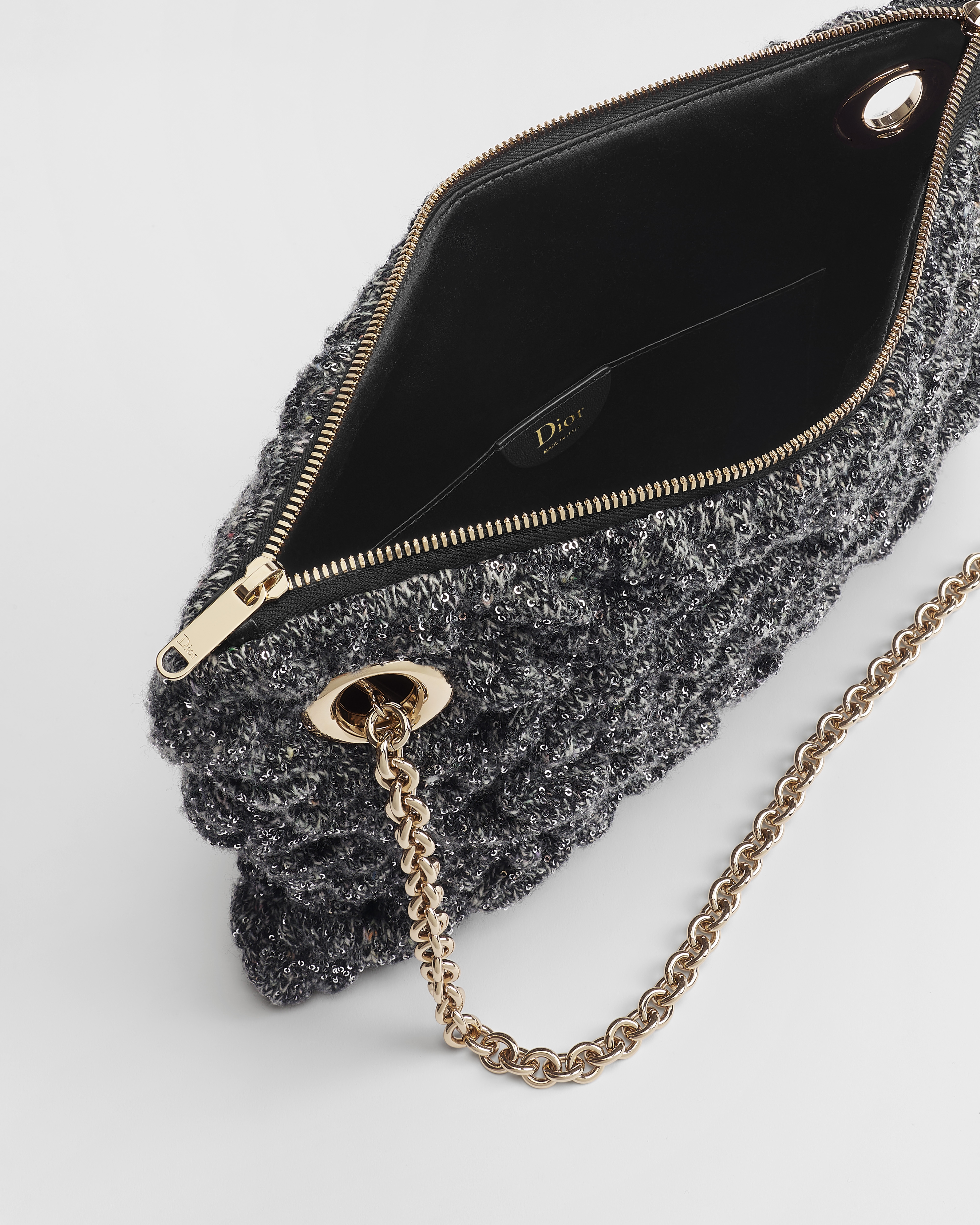 Kleine Dior Milly-La-Forêt-tas Zwart gemêleerd Puffy Macrocannage-breisel geborduurd met pailletten E06