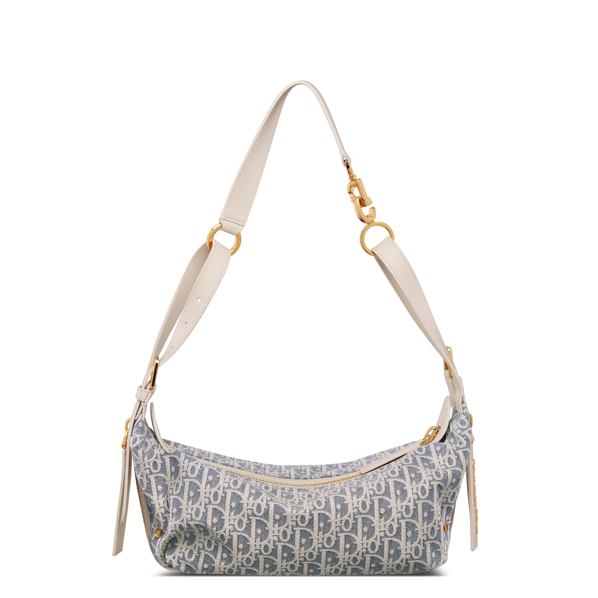 Bolsa D-Journey pequena Chambray Dior Oblique com efeito ráfia azul e couro de vitelo liso castanho-biscuit claro E08