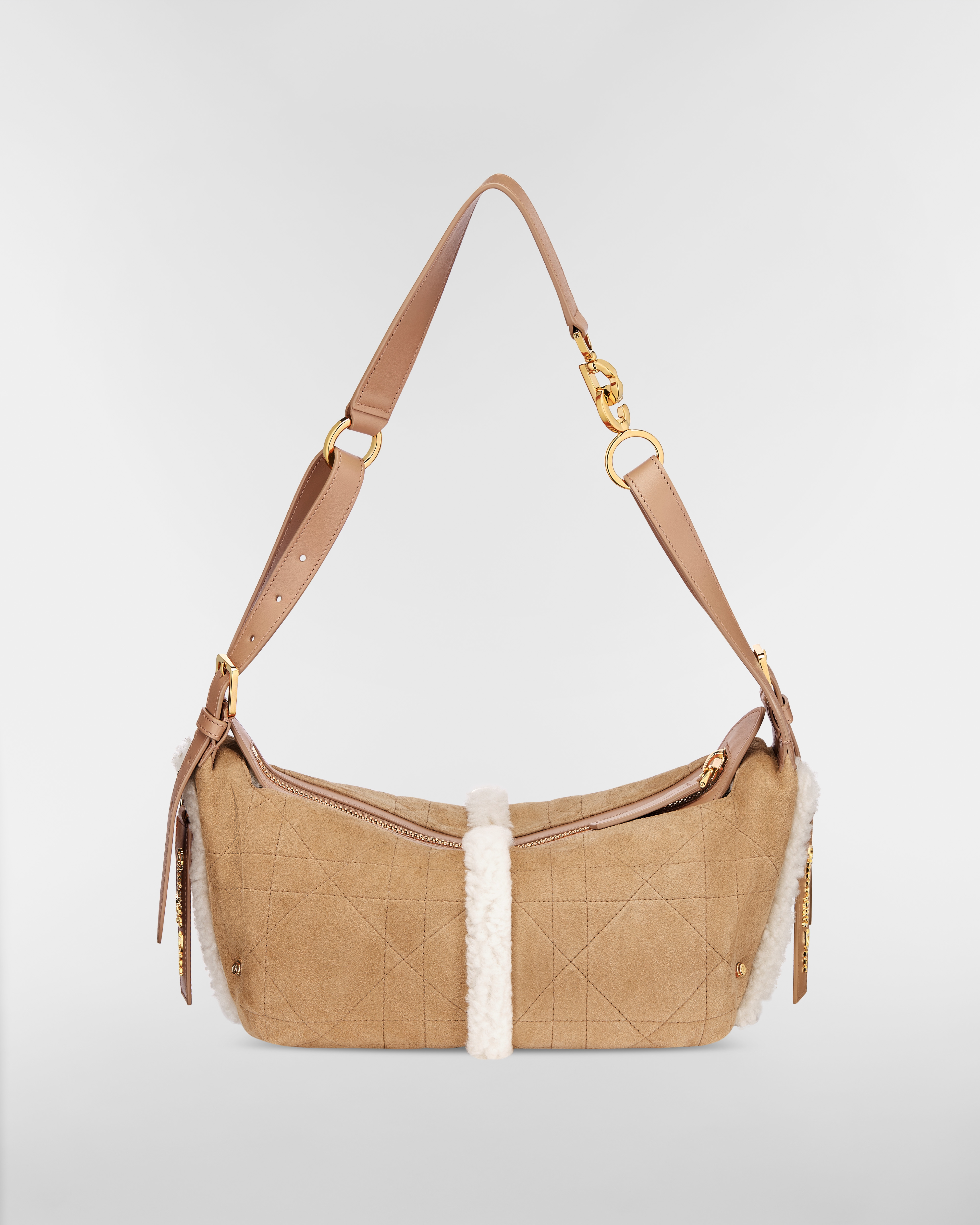 Borsa piccola D-Journey DiorAlps in pelle di agnello scamosciata Motivo Macrocannage beige e lana merino écru E08