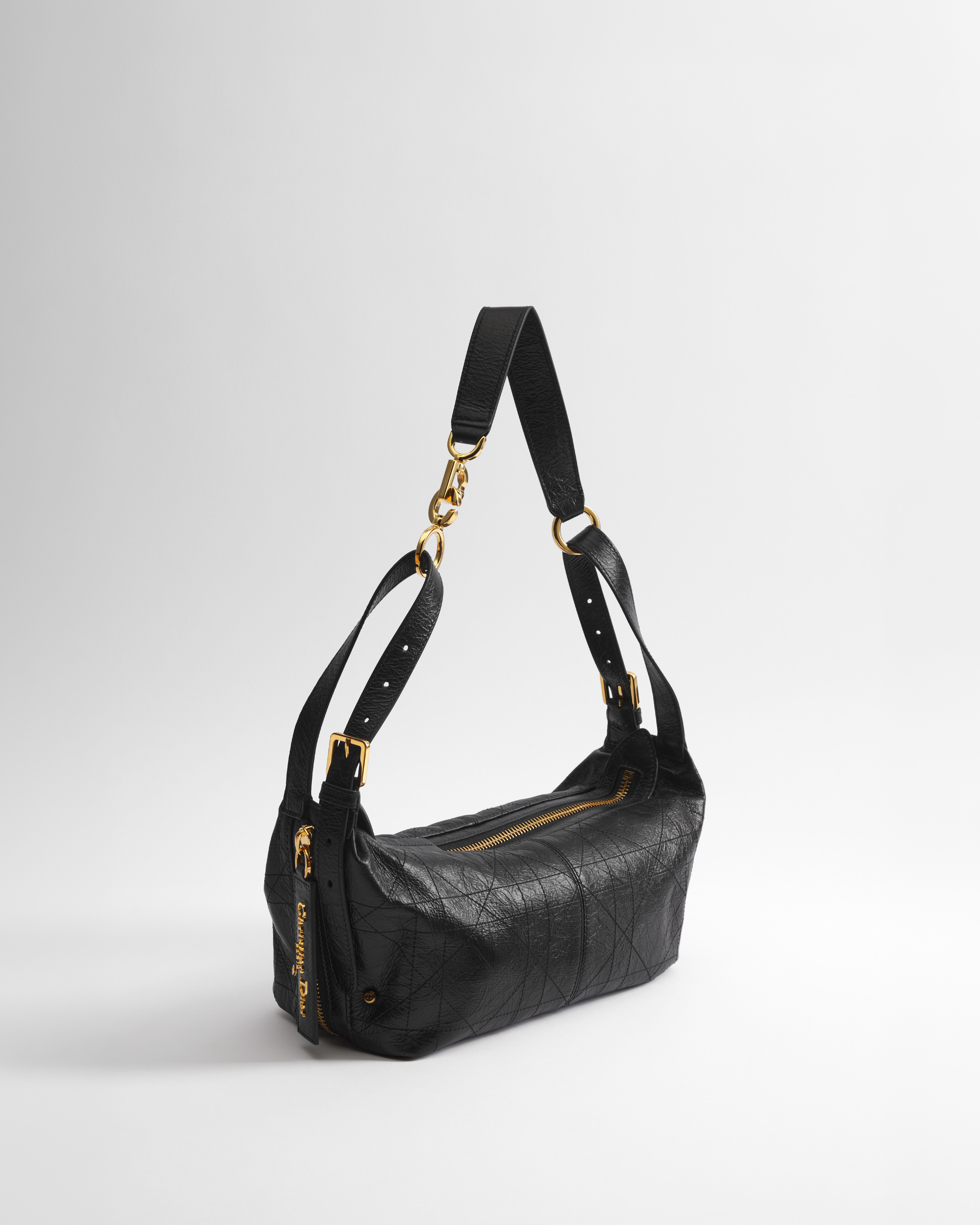 Small D-Journey Bag in Crinkled Calfskin Black Flat Macrocannage E03