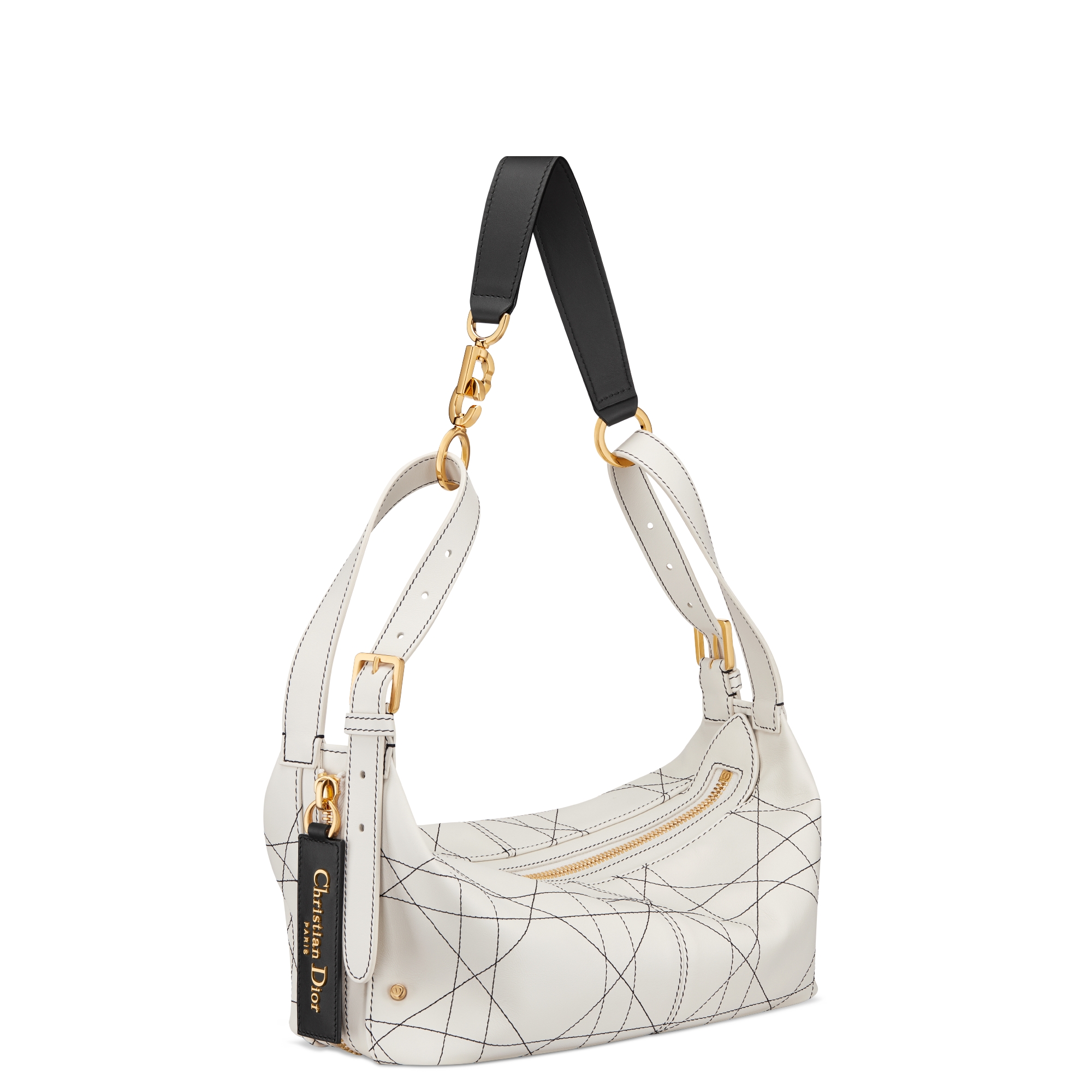 Small D-Journey Bag in Two-Tone Calfskin White Flat Macrocannage with Contrasting Black Topstitching E03