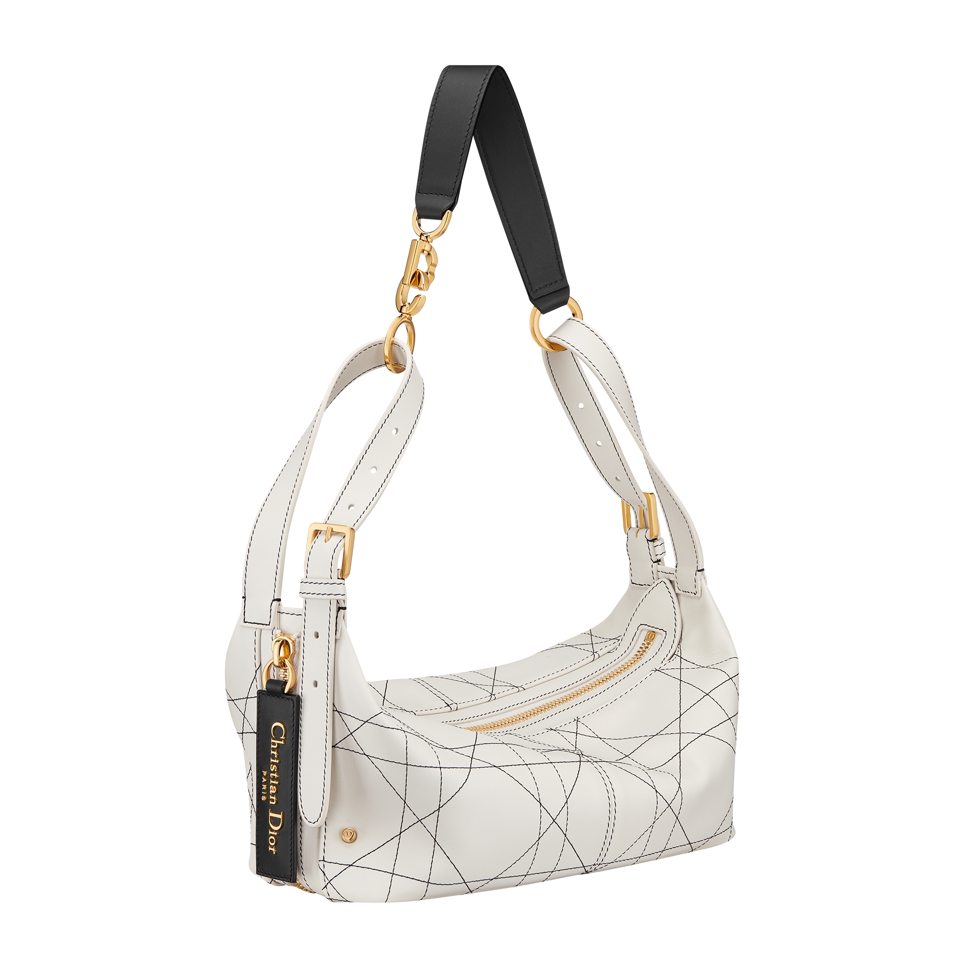 Small D-Journey Bag in Two-Tone Calfskin White Flat Macrocannage with Contrasting Black Topstitching E03