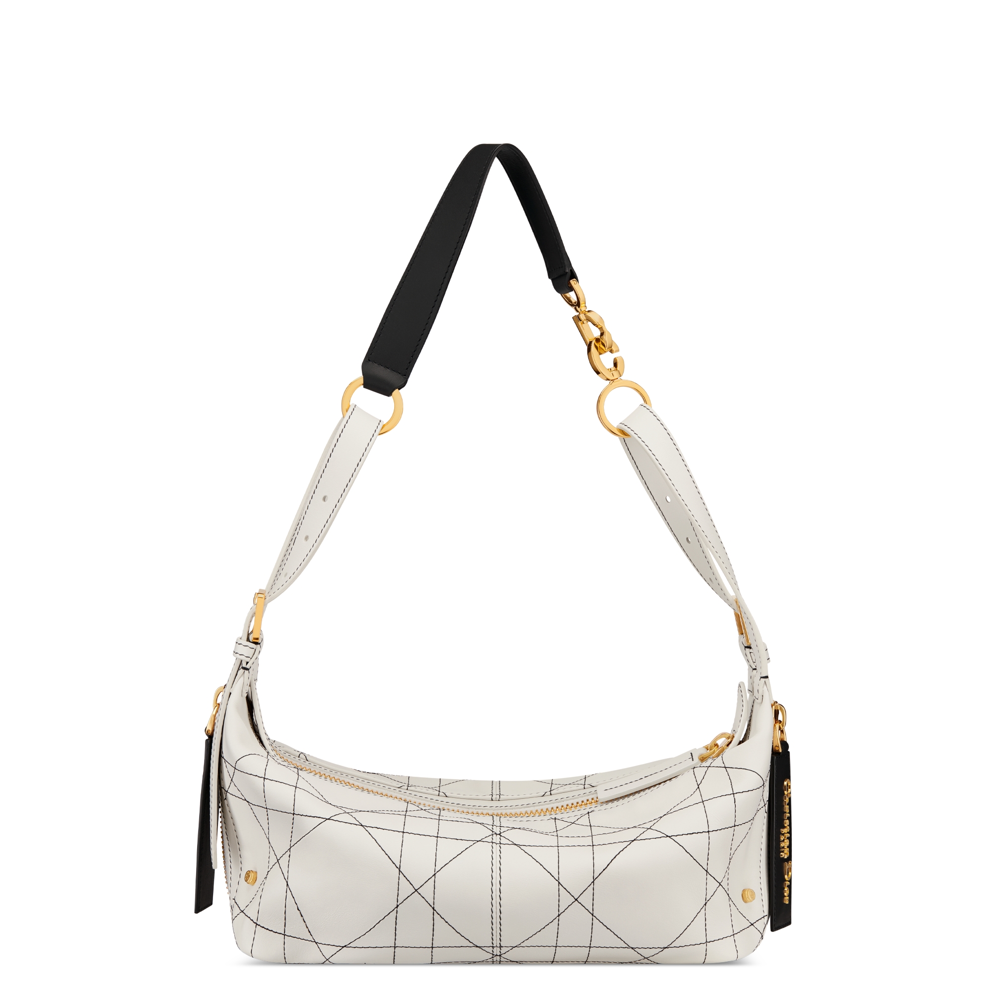 小碼雙色小牛皮 D-Journey 手袋 白色 Flat Macrocannage 大型藤格紋圖案配對比黑色縫線 E08