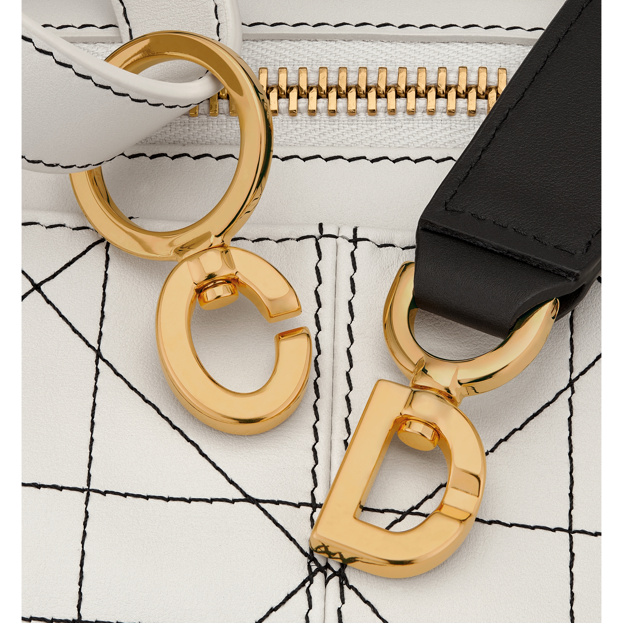 Small D-Journey Bag in Two-Tone Calfskin White Flat Macrocannage with Contrasting Black Topstitching E09