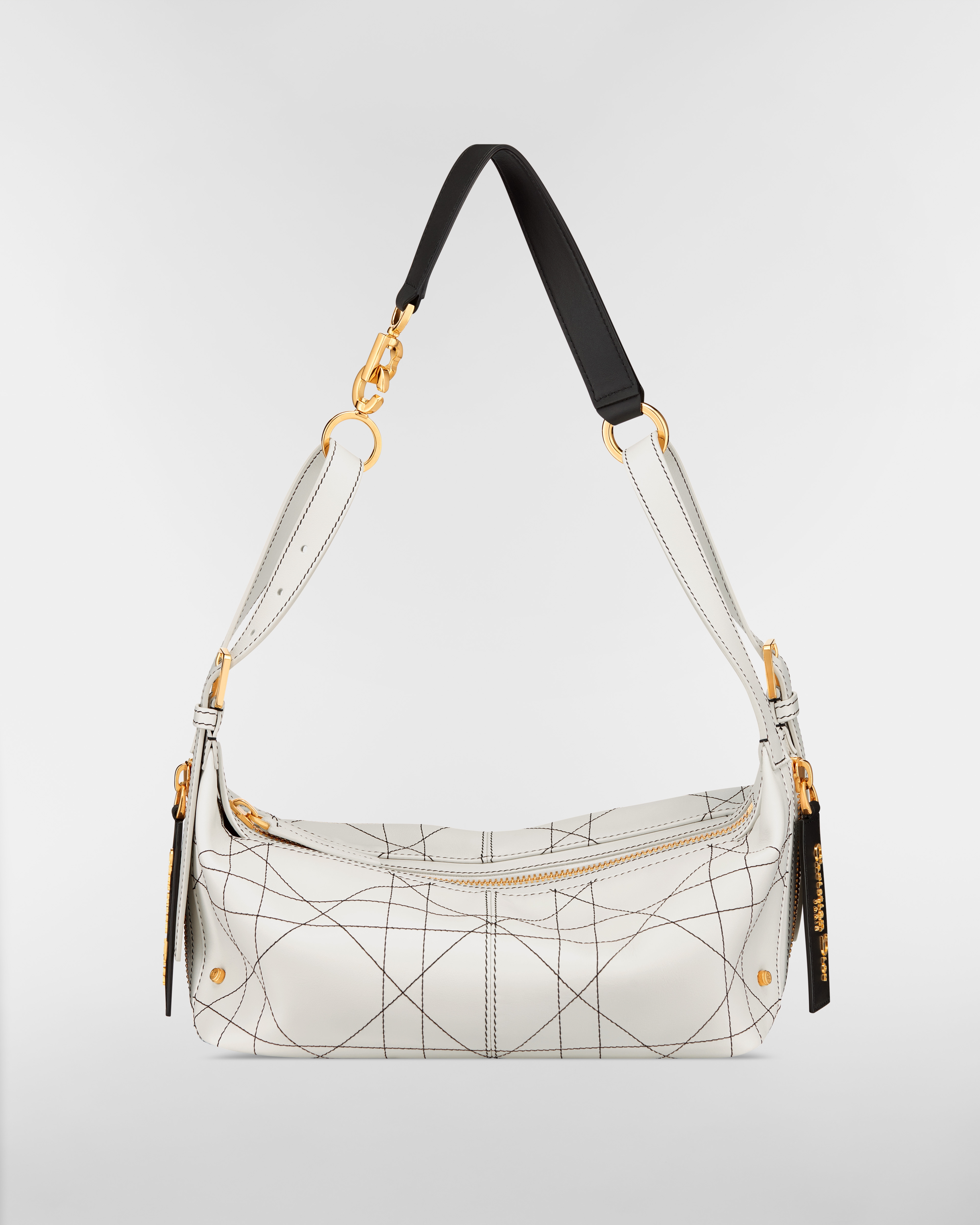Small D-Journey Bag in Two-Tone Calfskin White Flat Macrocannage with Contrasting Black Topstitching E01