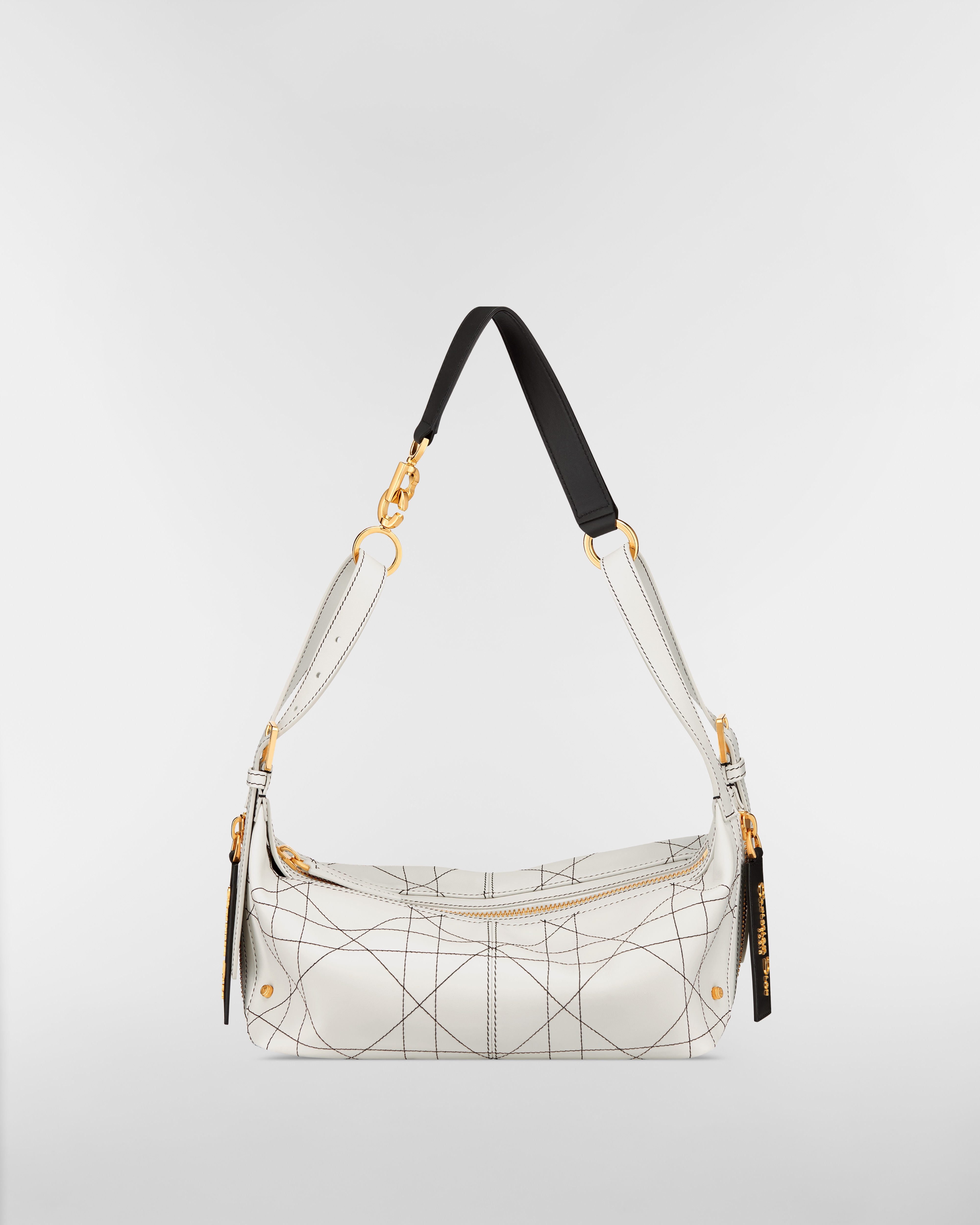 Small D-Journey Bag in Two-Tone Calfskin White Flat Macrocannage with Contrasting Black Topstitching E01