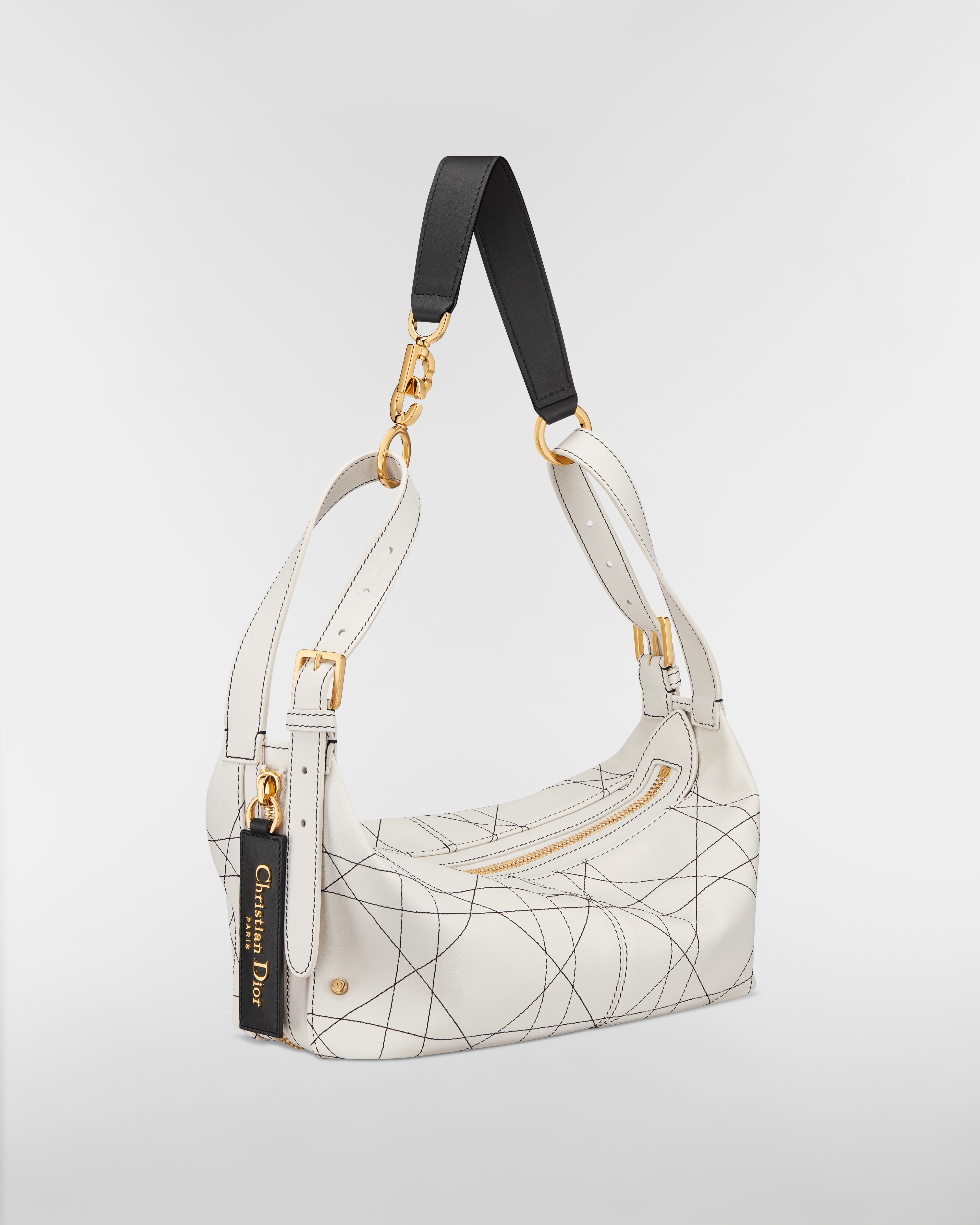 Small D-Journey Bag in Two-Tone Calfskin White Flat Macrocannage with Contrasting Black Topstitching E03