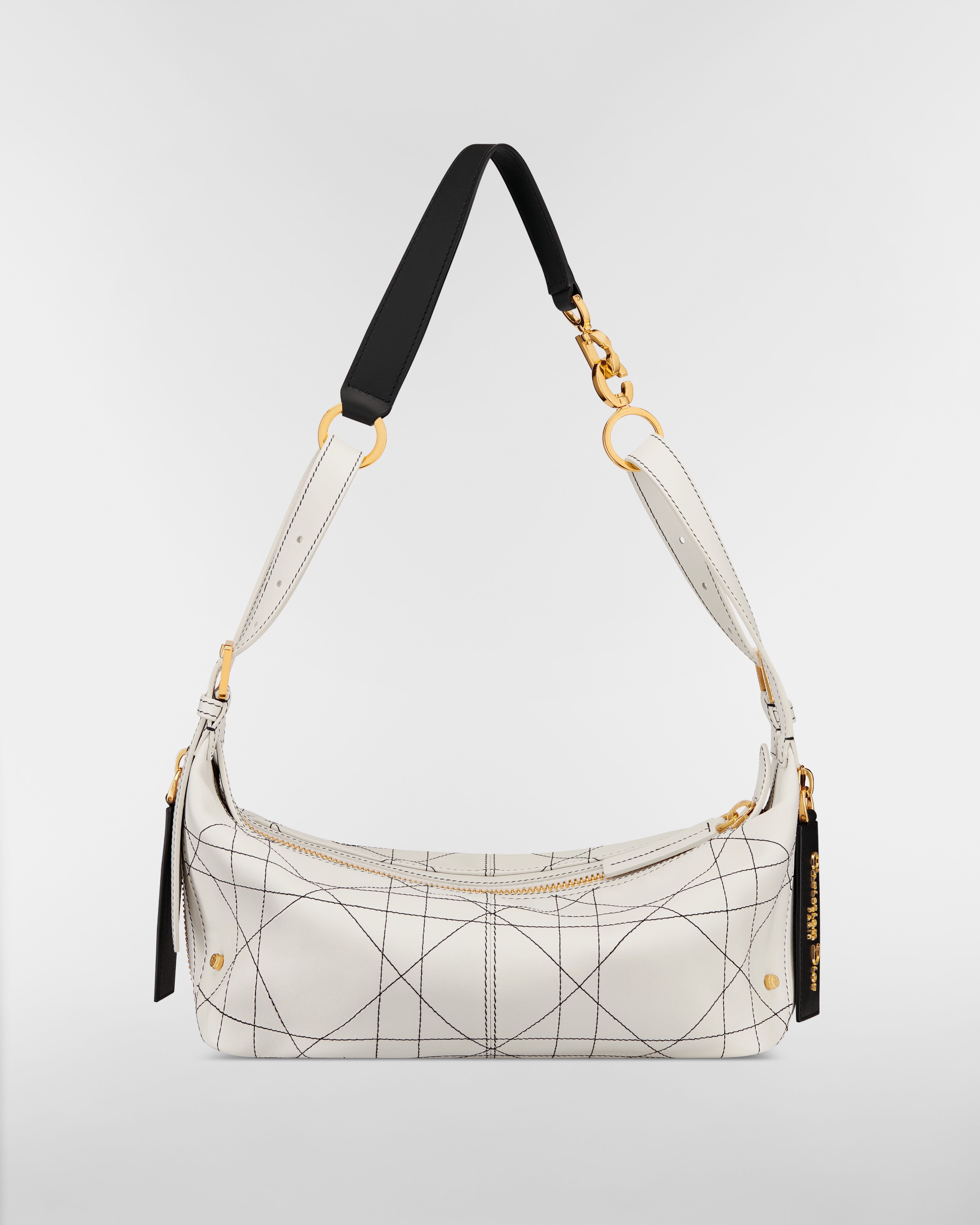 Small D-Journey Bag in Two-Tone Calfskin White Flat Macrocannage with Contrasting Black Topstitching E08