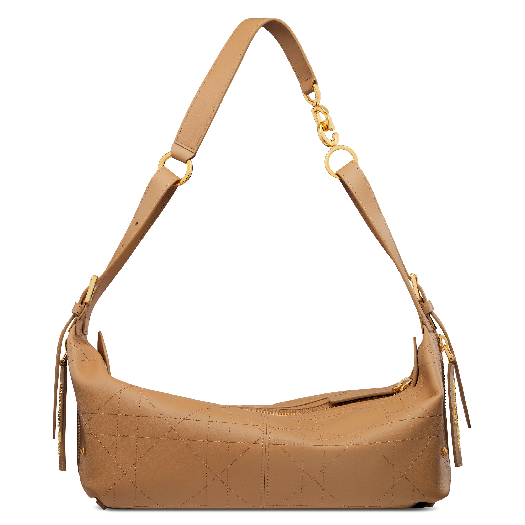 Mittelgroße D-Journey Tasche aus glattem Kalbsleder in Vintage-Optik Flat Macrocannage in Hellgoldfarbe E08