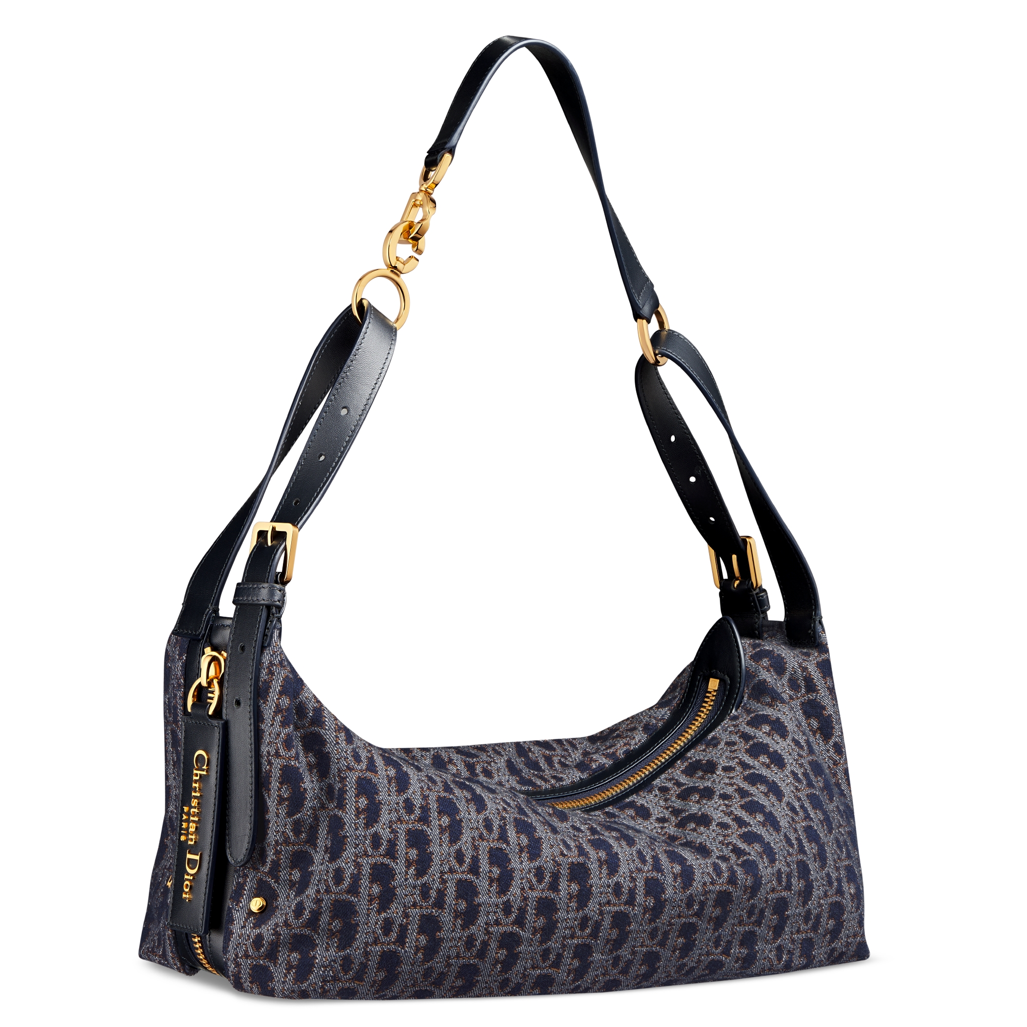 Medium D-Journey Bag Blue and Tobacco Brown Dior Oblique Denim with Contrasting Topstitching E03