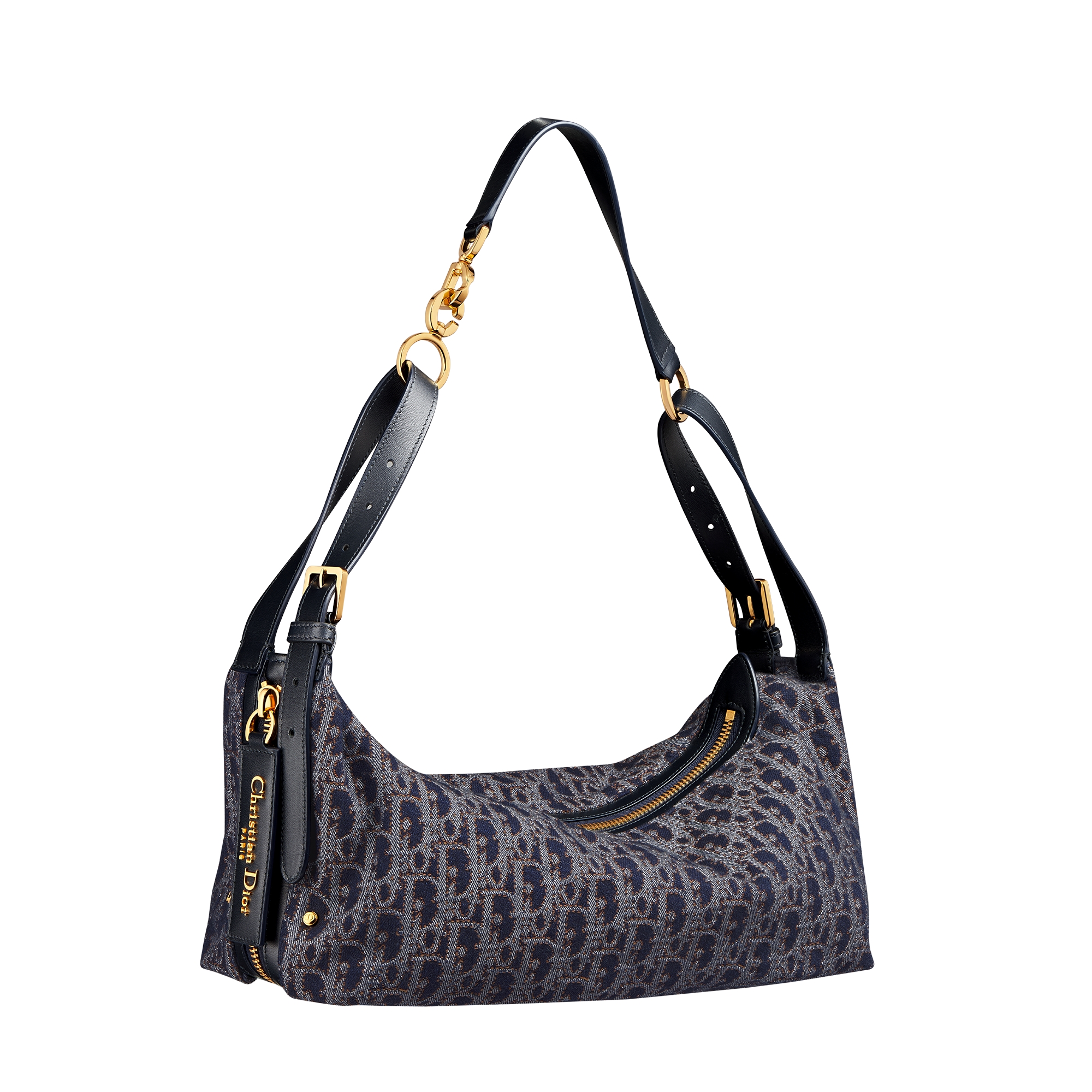 Medium D-Journey Bag Blue and Tobacco Brown Dior Oblique Denim with Contrasting Topstitching E03