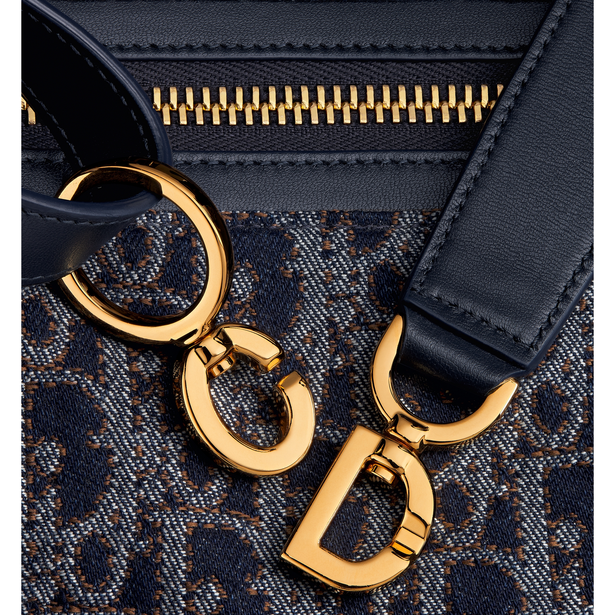 Medium D-Journey Bag Blue and Tobacco Brown Dior Oblique Denim with Contrasting Topstitching E09