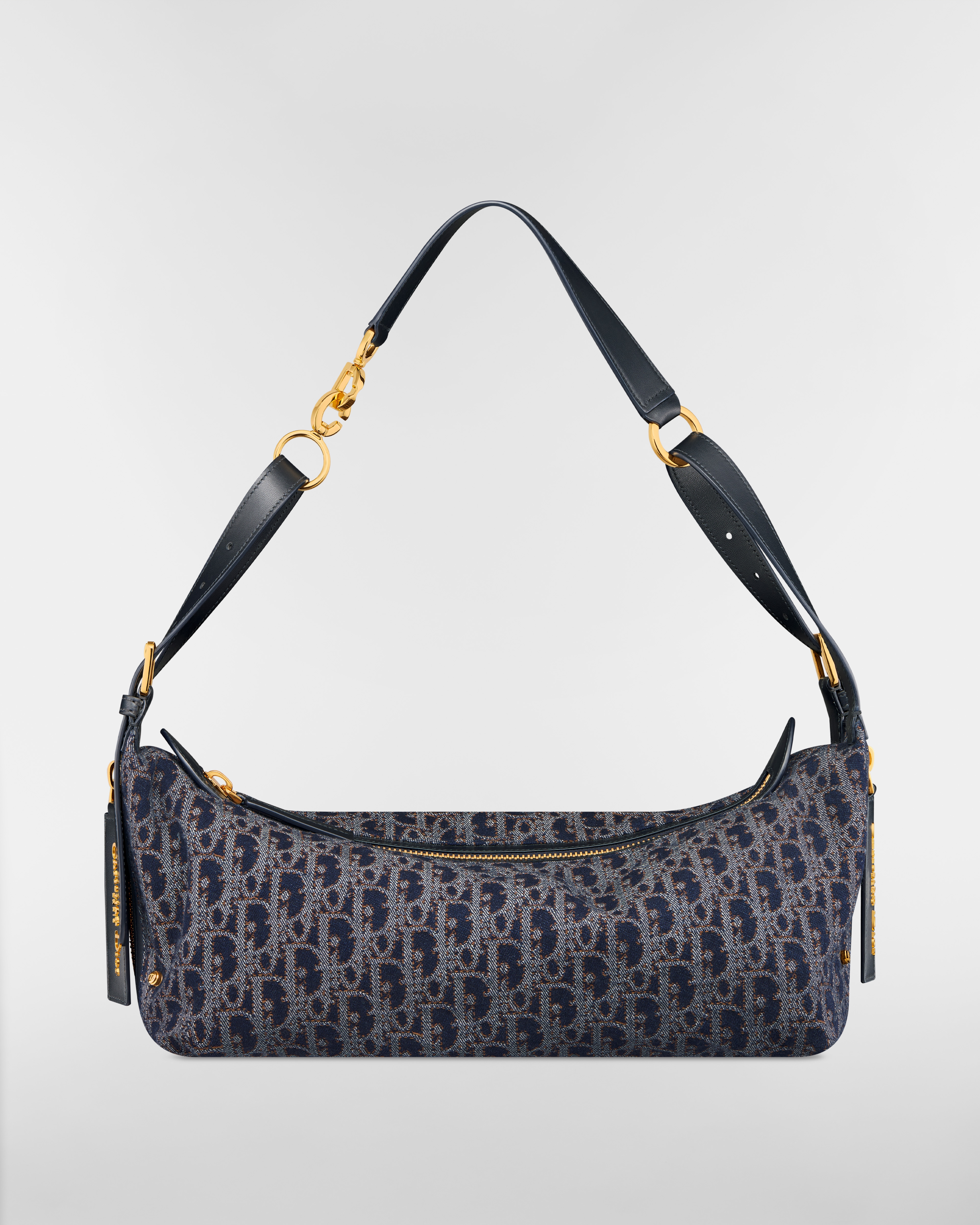 Borsa media D-Journey Denim Dior Oblique blu e marrone tabacco con impuntura a contrasto E01