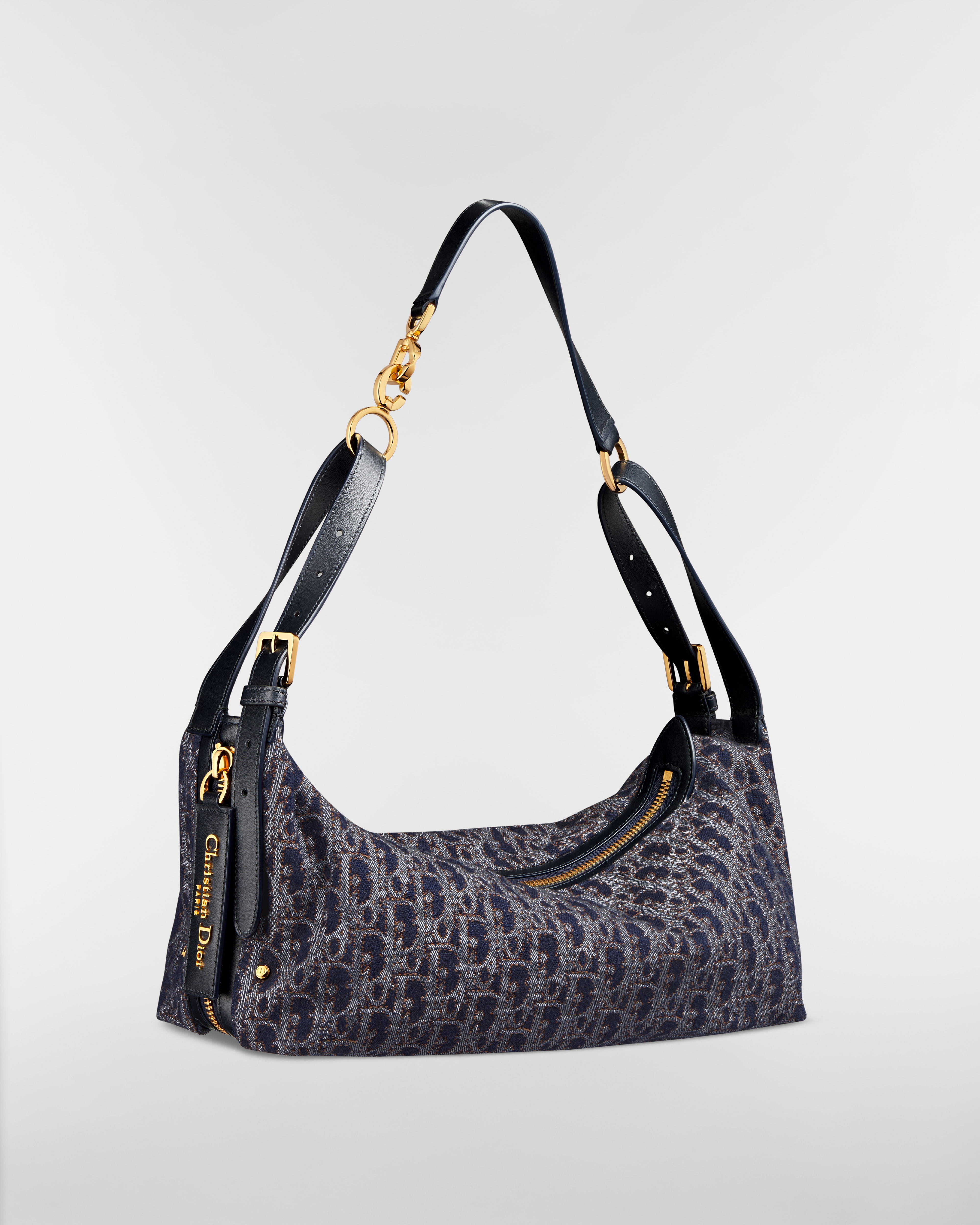 Borsa media D-Journey Denim Dior Oblique blu e marrone tabacco con impuntura a contrasto E03