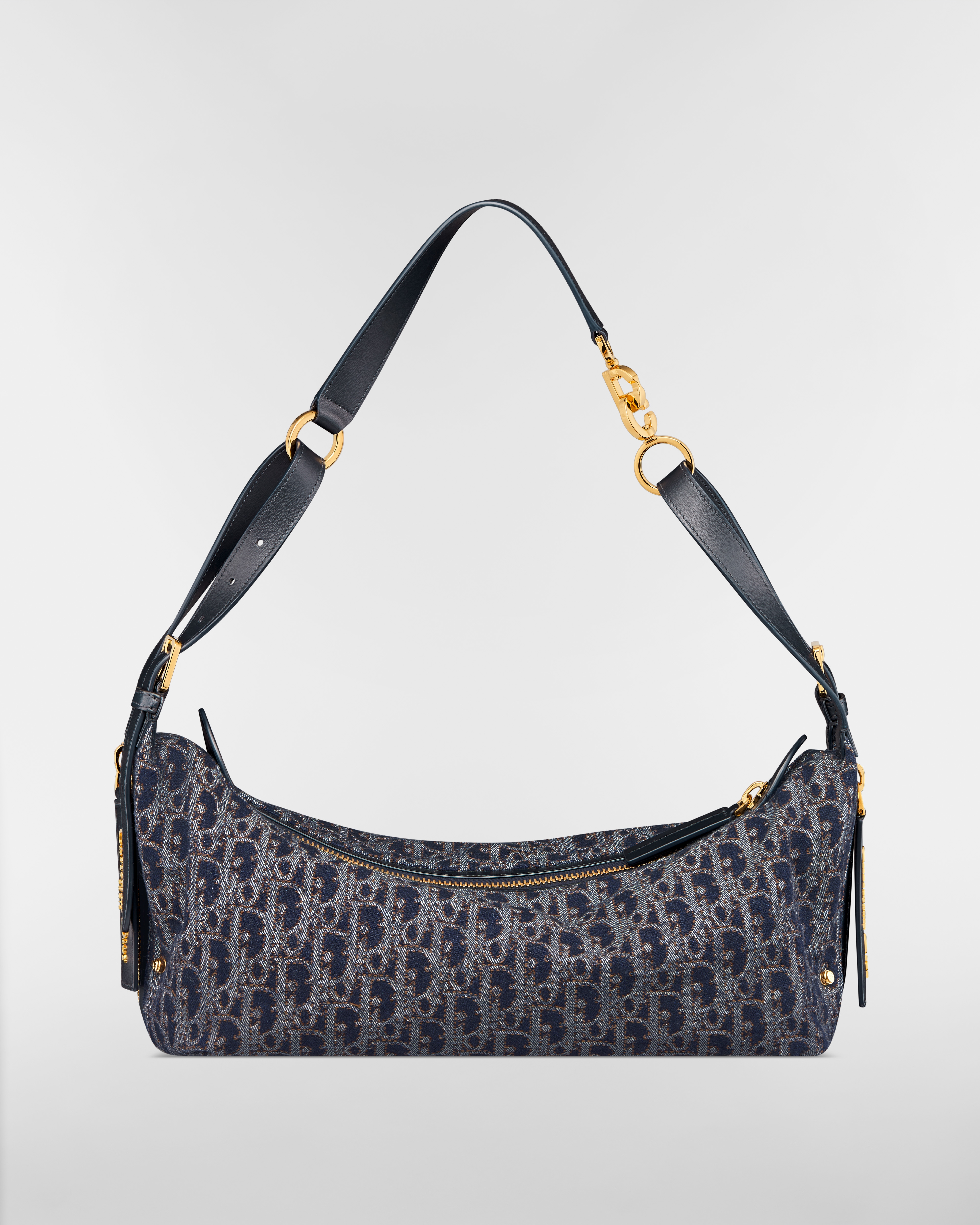 Borsa media D-Journey Denim Dior Oblique blu e marrone tabacco con impuntura a contrasto E08