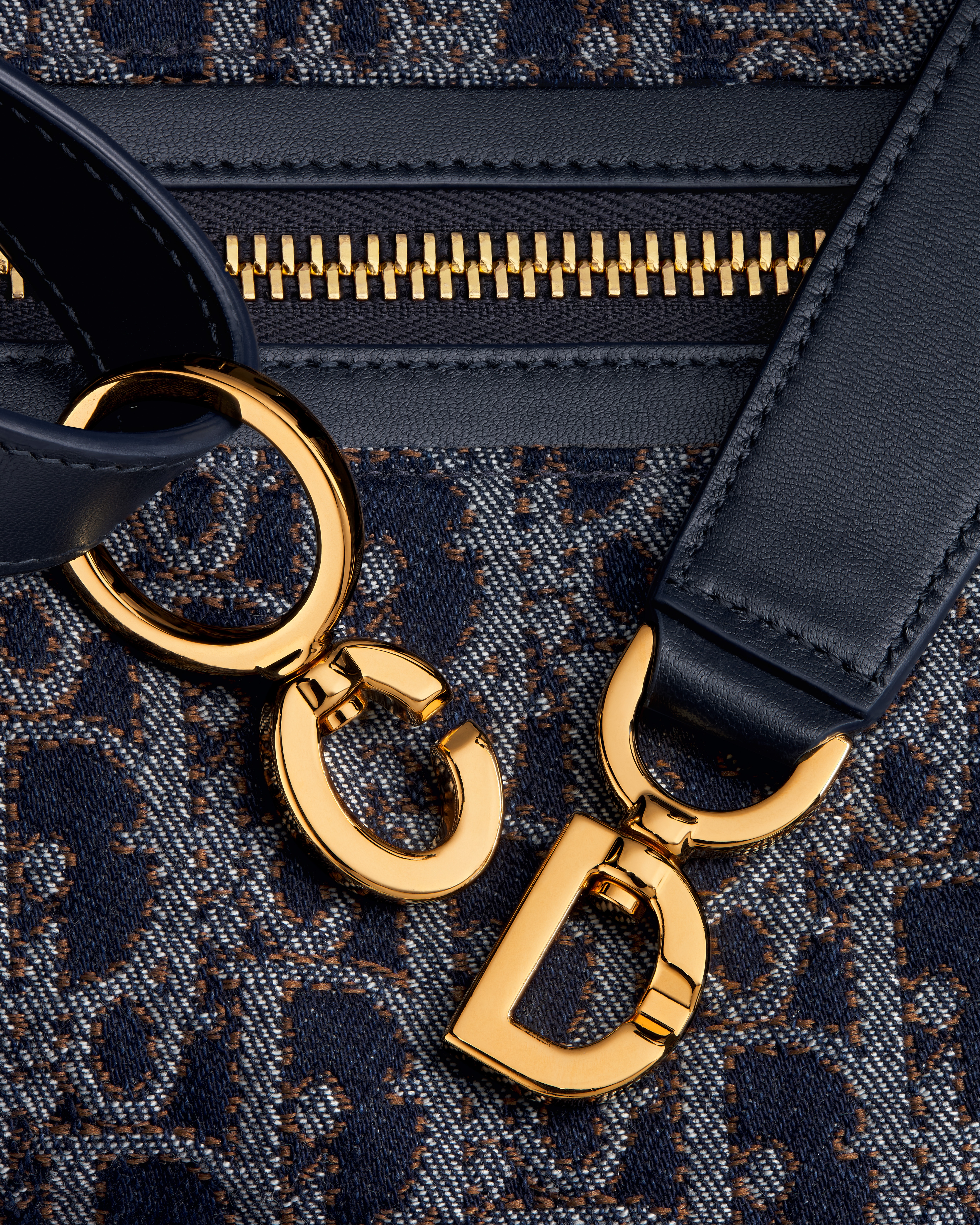 Medium D-Journey Bag Blue and Tobacco Brown Dior Oblique Denim with Contrasting Topstitching E09