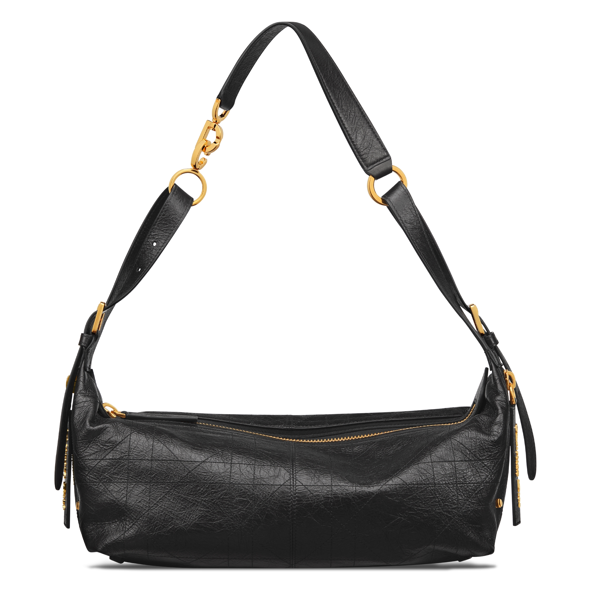 Bolso mediano D-Journey de piel de becerro craquelada Flat Macrocannage negro E01