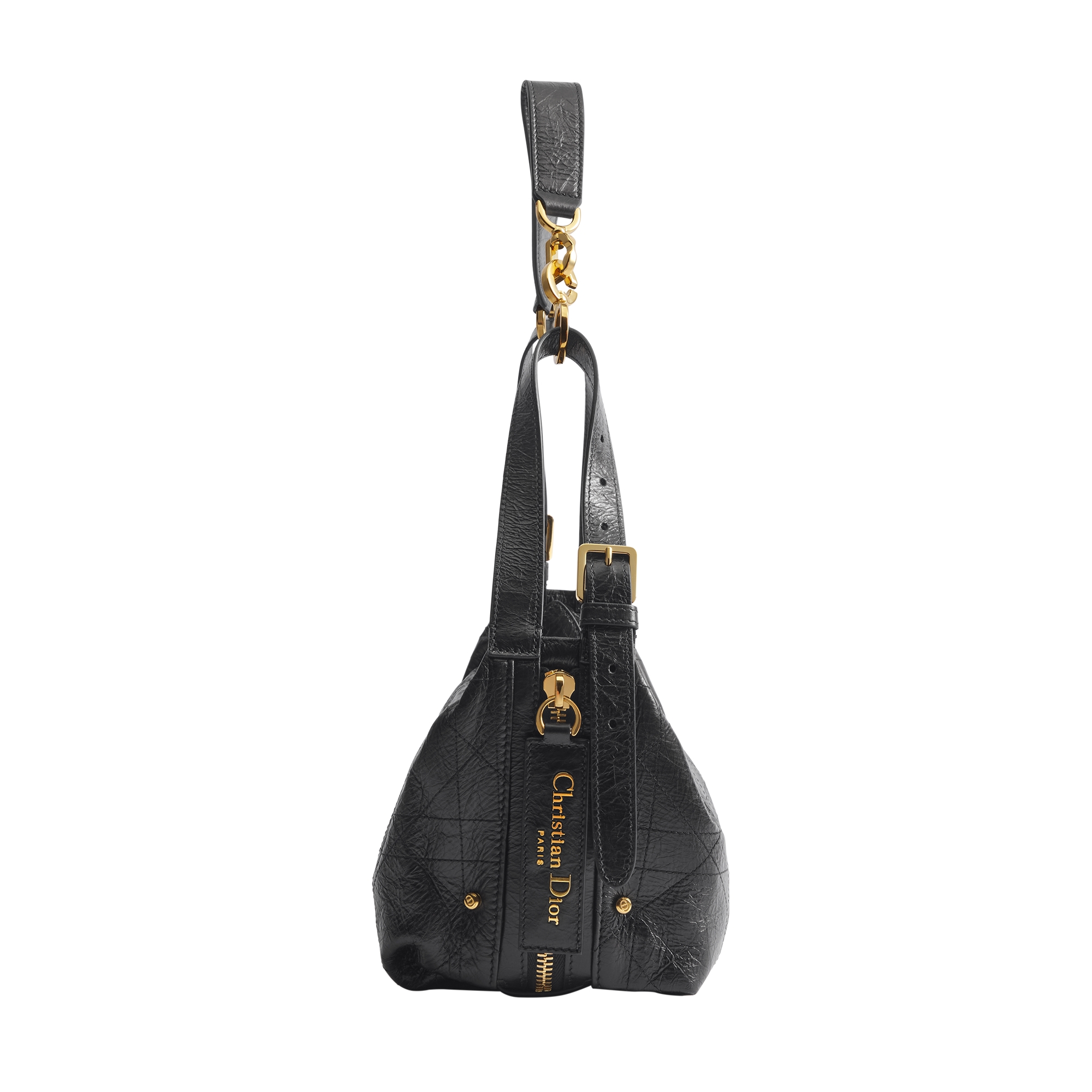 Medium D-Journey Bag in Crinkled Calfskin Black Flat Macrocannage E02