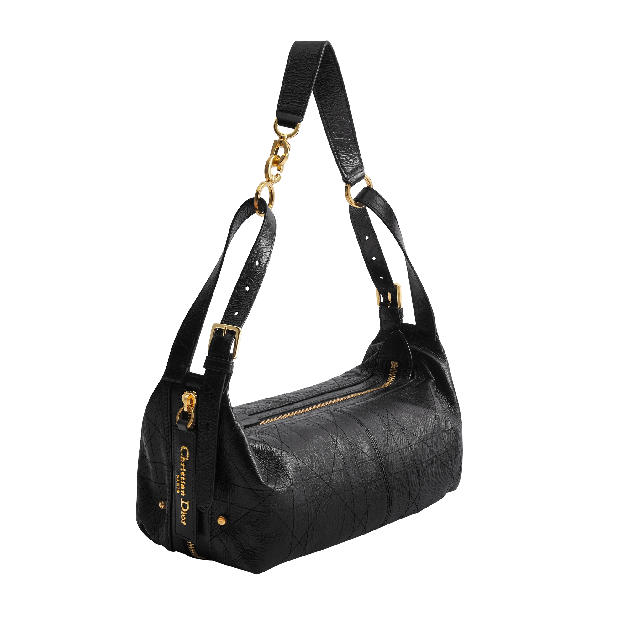 Medium D-Journey Bag in Crinkled Calfskin Black Flat Macrocannage E03