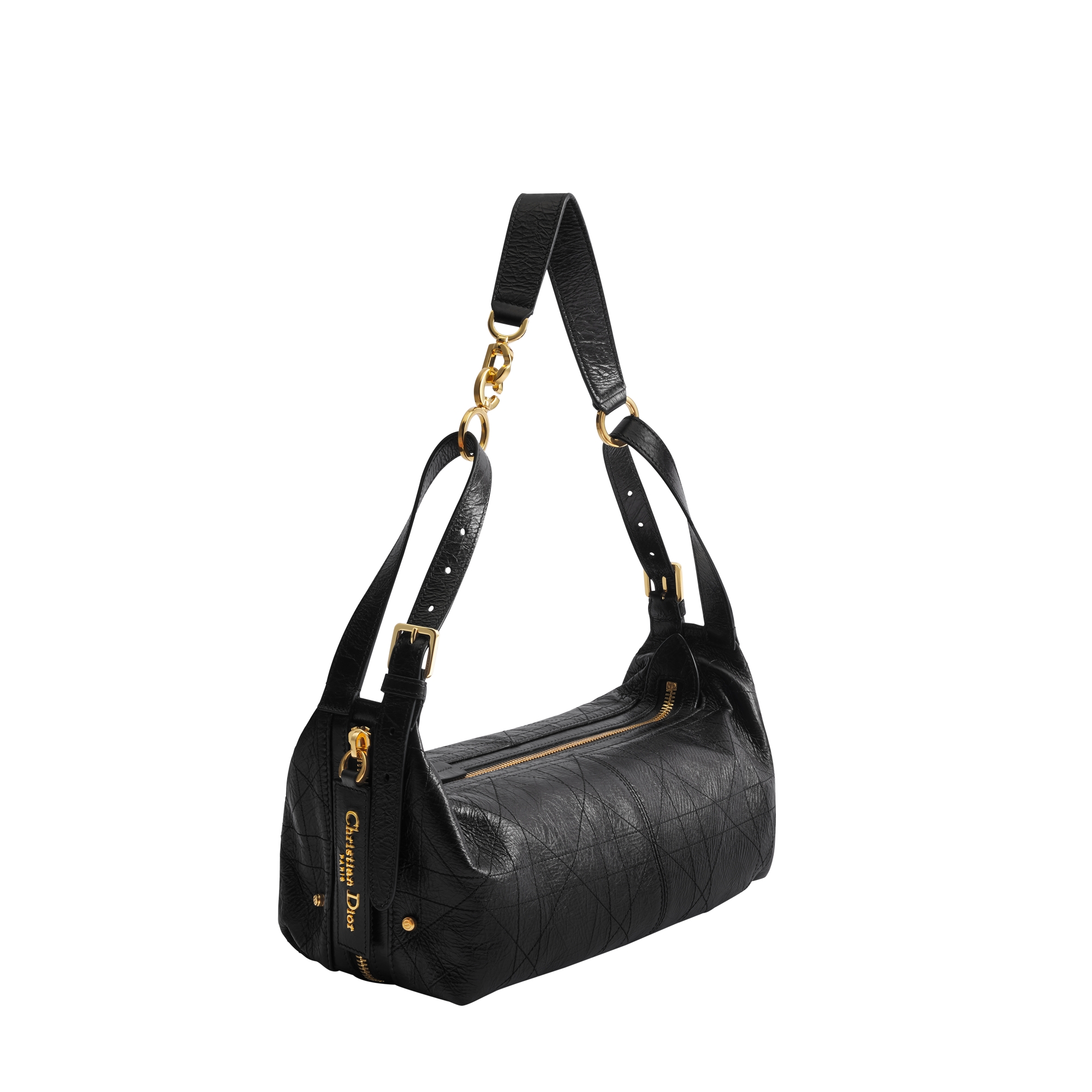 Medium D-Journey Bag in Crinkled Calfskin Black Flat Macrocannage E03