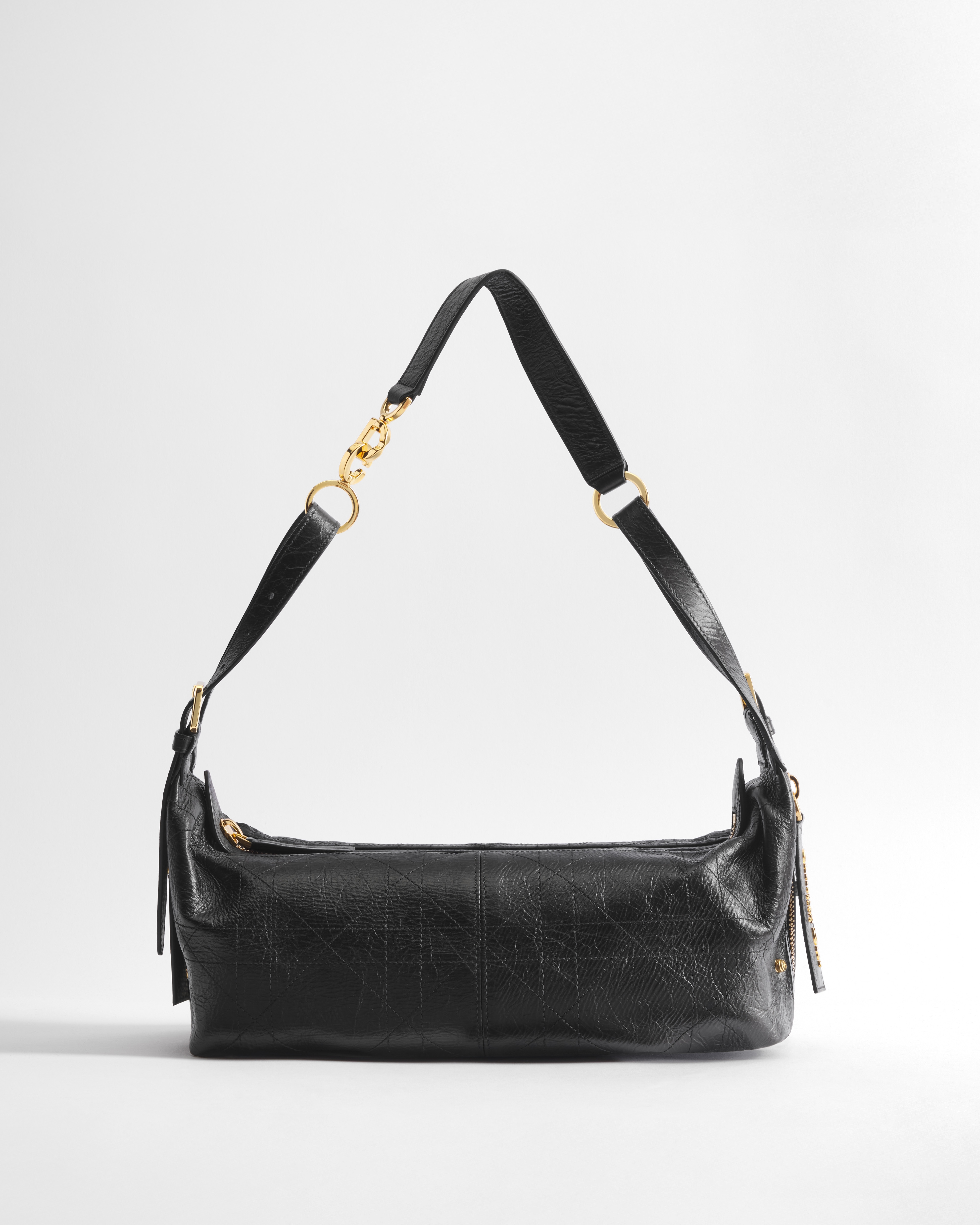 Medium D-Journey Bag in Crinkled Calfskin Black Flat Macrocannage E01