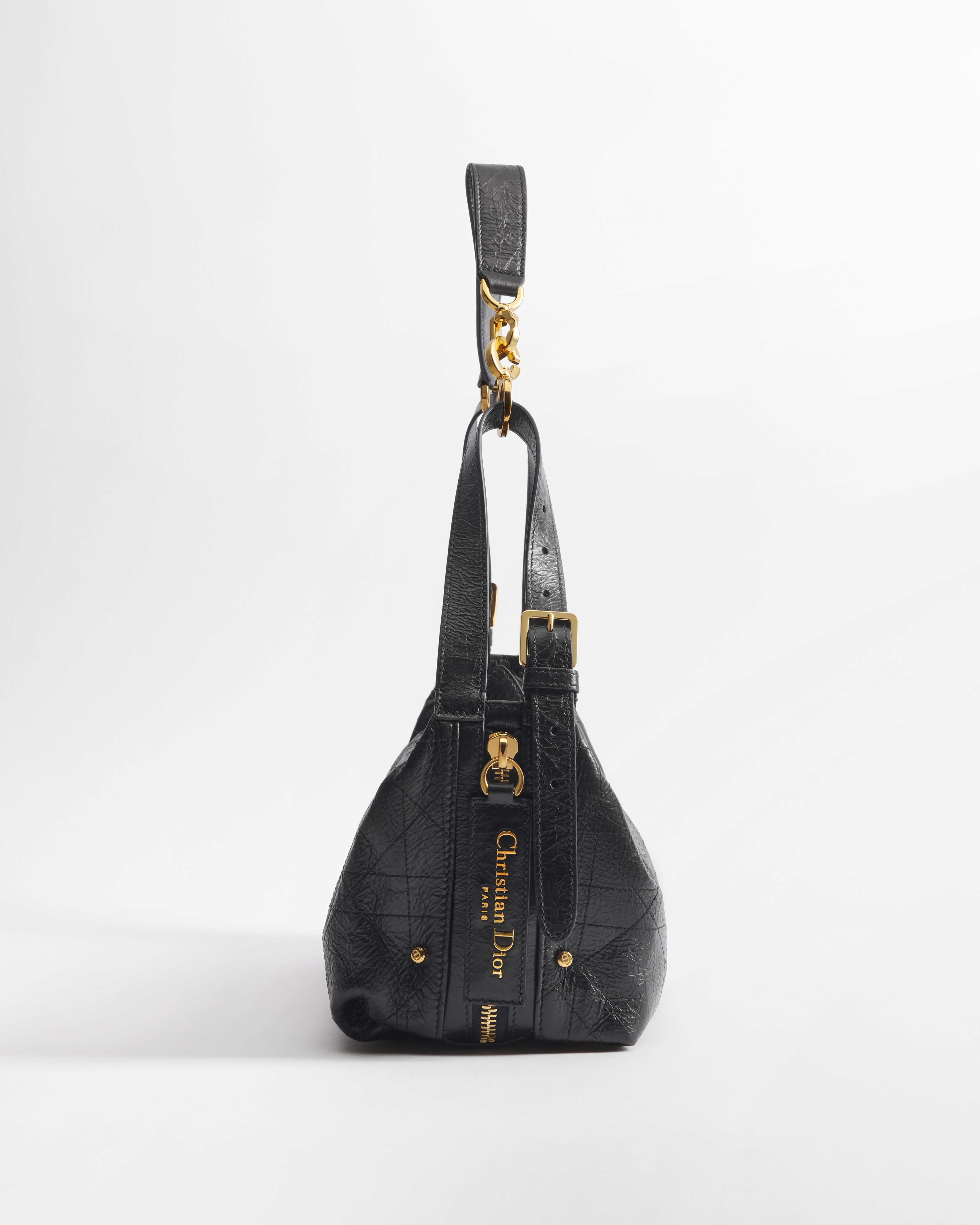 Medium D-Journey Bag in Crinkled Calfskin Black Flat Macrocannage E02