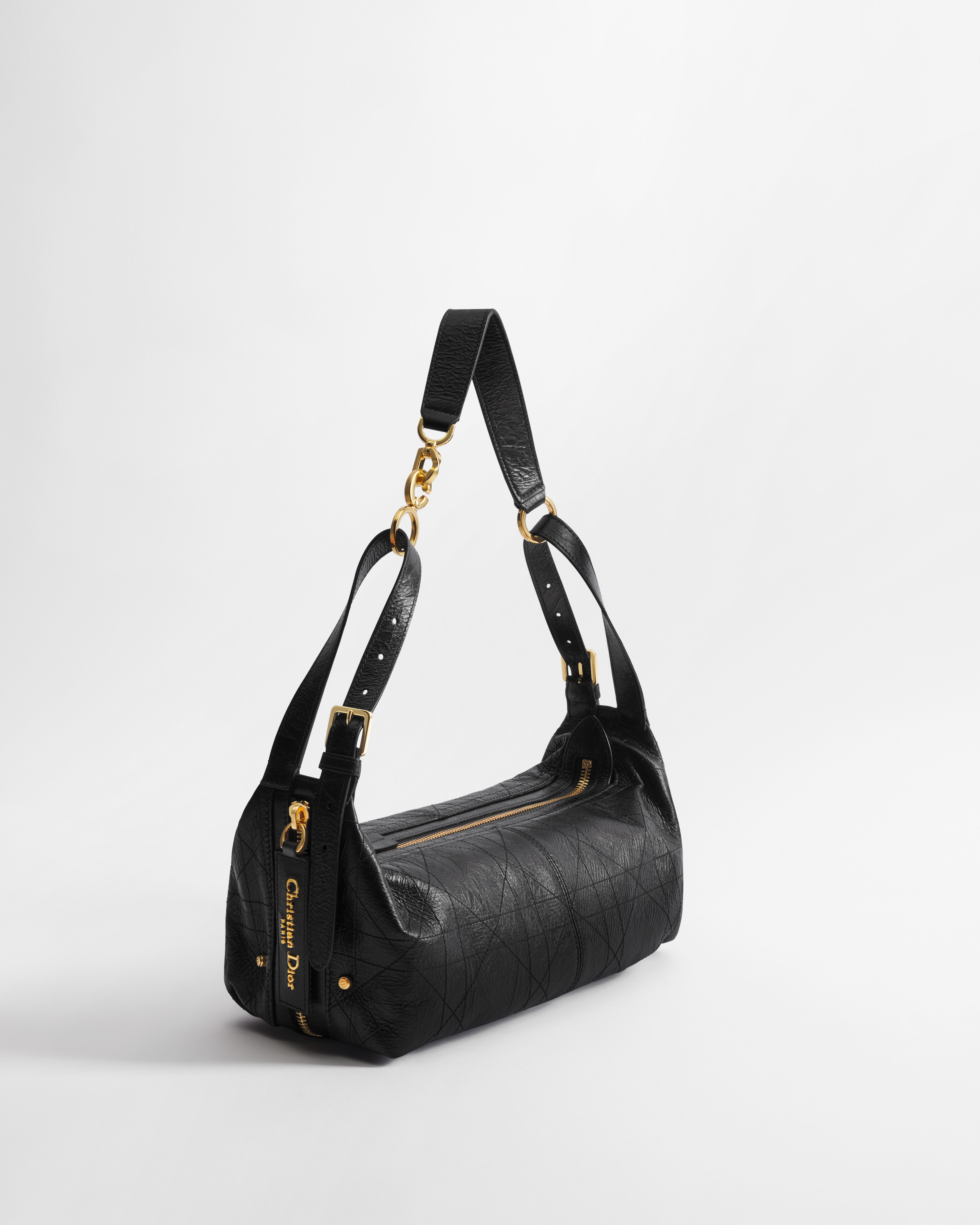 Mittelgroße D-Journey Tasche aus Kalbsleder in Knitteroptik Flat Macrocannage in Schwarz E03