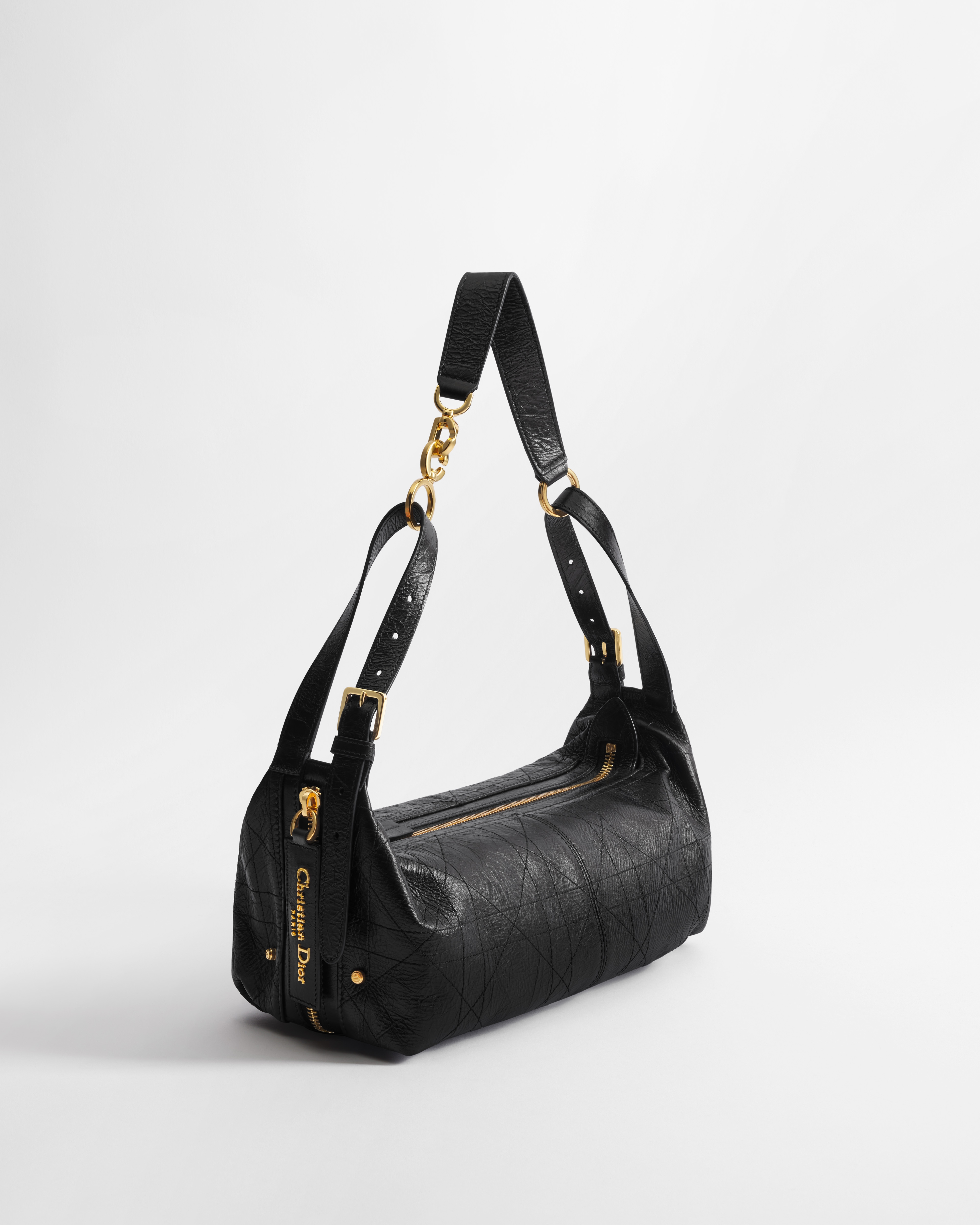 Medium D-Journey Bag in Crinkled Calfskin Black Flat Macrocannage E03