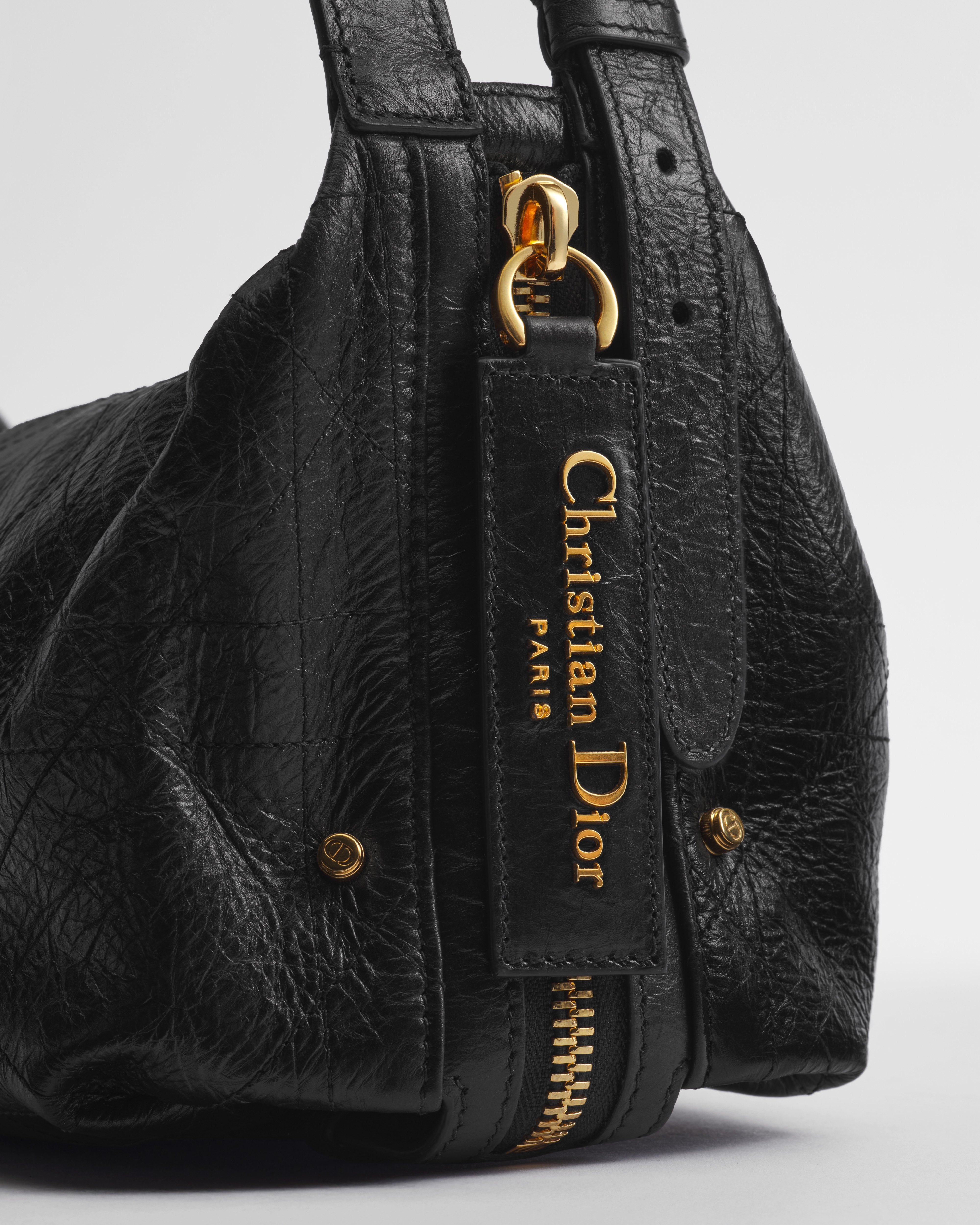 Medium D-Journey Bag in Crinkled Calfskin Black Flat Macrocannage E10
